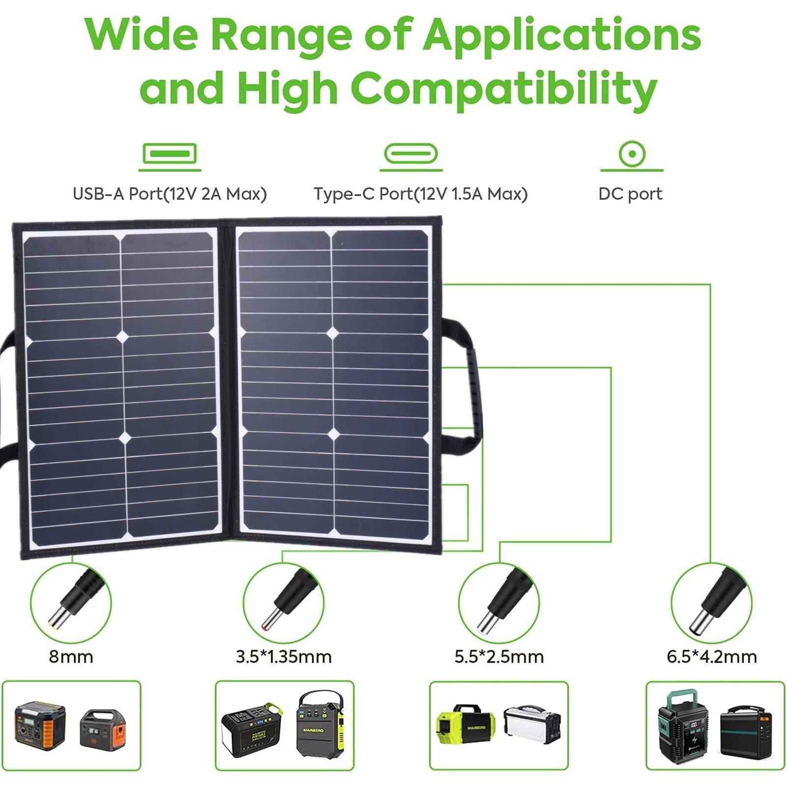 Kit di pannelli portatili,Caricatore solare pieghevole da 60 W con | morsetto per batteria e cavo CC | Kit pannello solare per campeggio, camper, marina, telecamera con 2 uscite USB