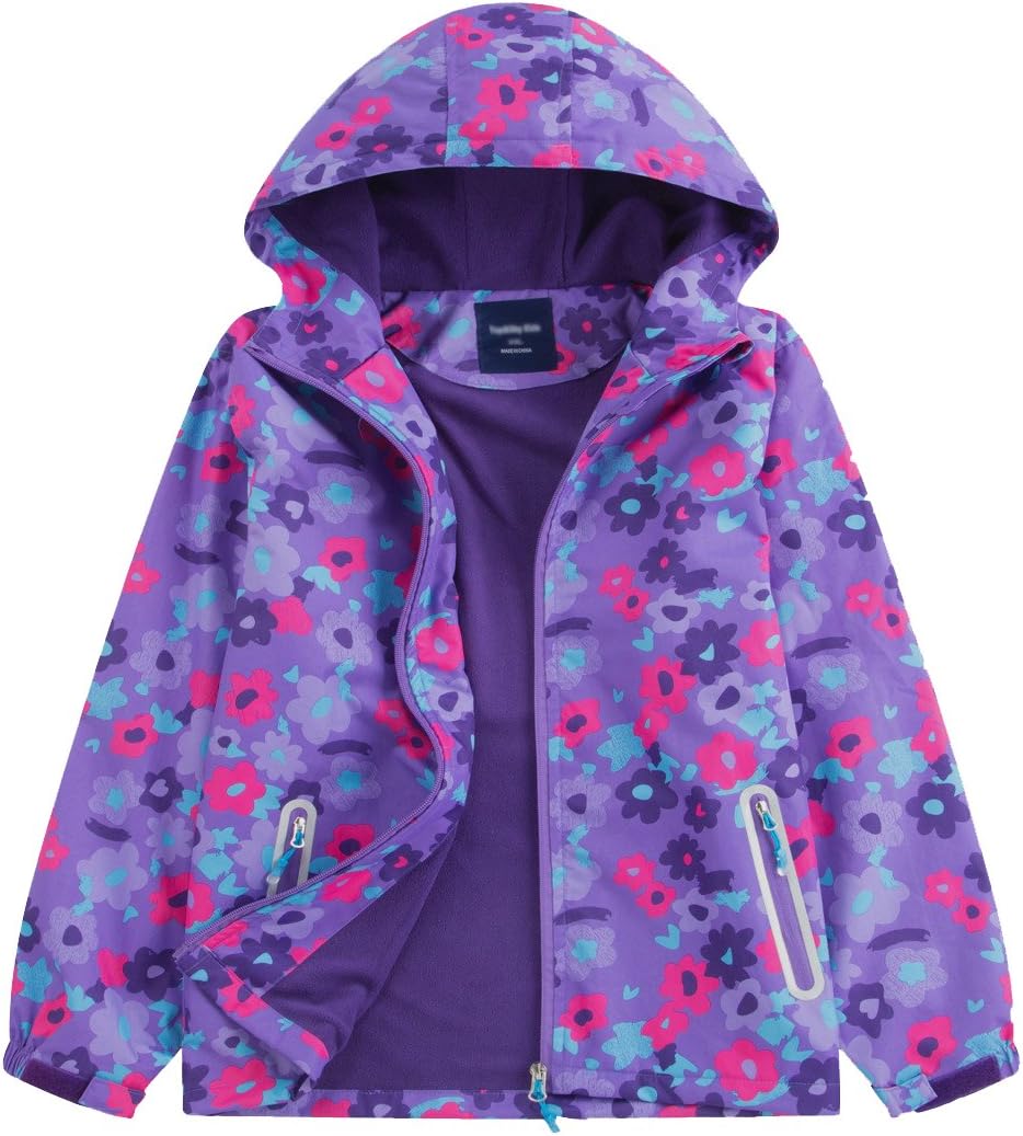 Girls Outdoor Floral Fleece Lined Light Windproof Jacket with Hood