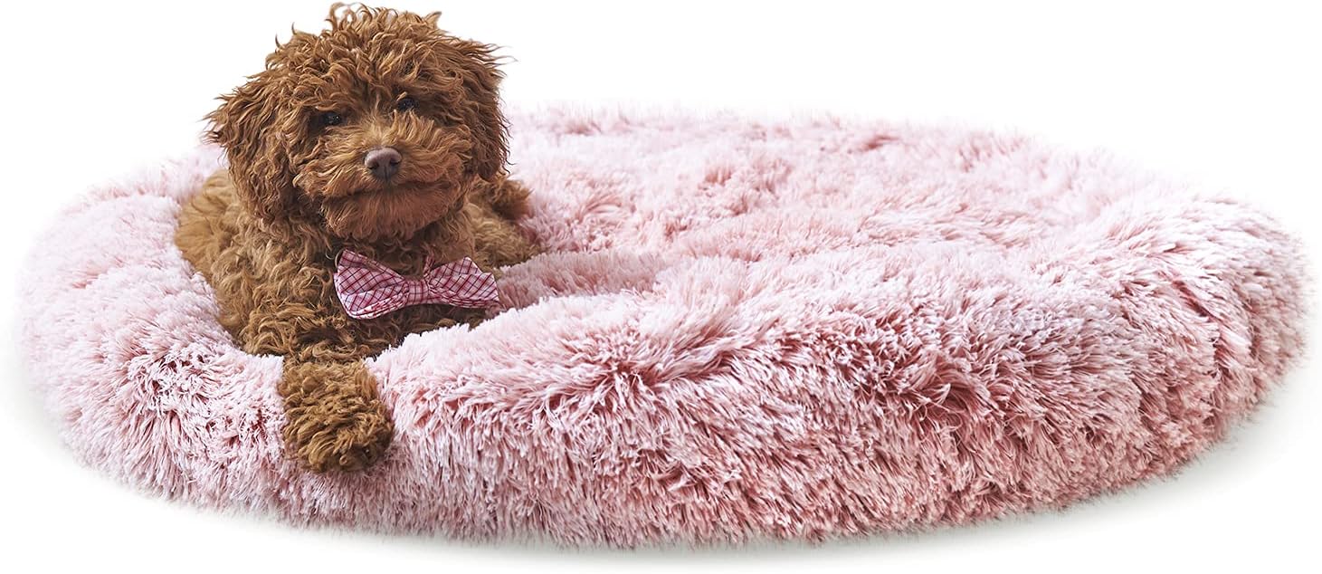 WOLF IN WINTER Calming Pet Bed for Dogs and Cats - Plush Self Warming Round Anti Anxiety Dog Bed Donut (Blush Pink, Medium)