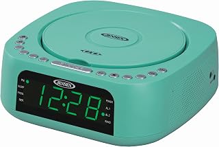 Jensen Teal Modern Home Audio CD Player Tabletop Stereo Dual Alarm Clock Digital FM Radio | Top-Loading CD/MP3/WMA Player | USB Charging Port 2.1A | Headphone Jack | 0.9 Display Green LED