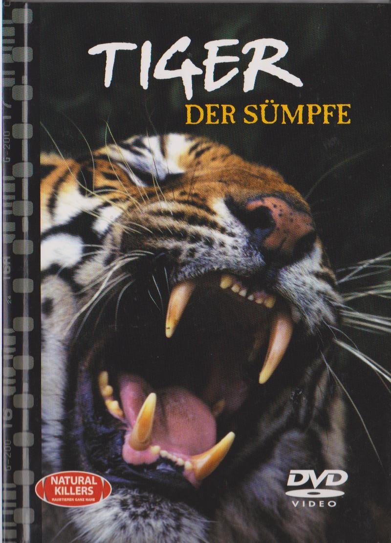 DVD cover for Natural Killers: Tigers of the Swamps, showing a tiger's face with open mouth and another tiger walking in water.