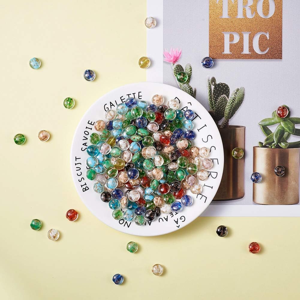 200pcs Handmade Gold Sand Lampwork Flat Round Beads Colorful Crystal Glass Loose Coin Disc Spacer Beads 12mm for DIY Bracelet Necklace Jewelry Crafts Making Hole: 2mm