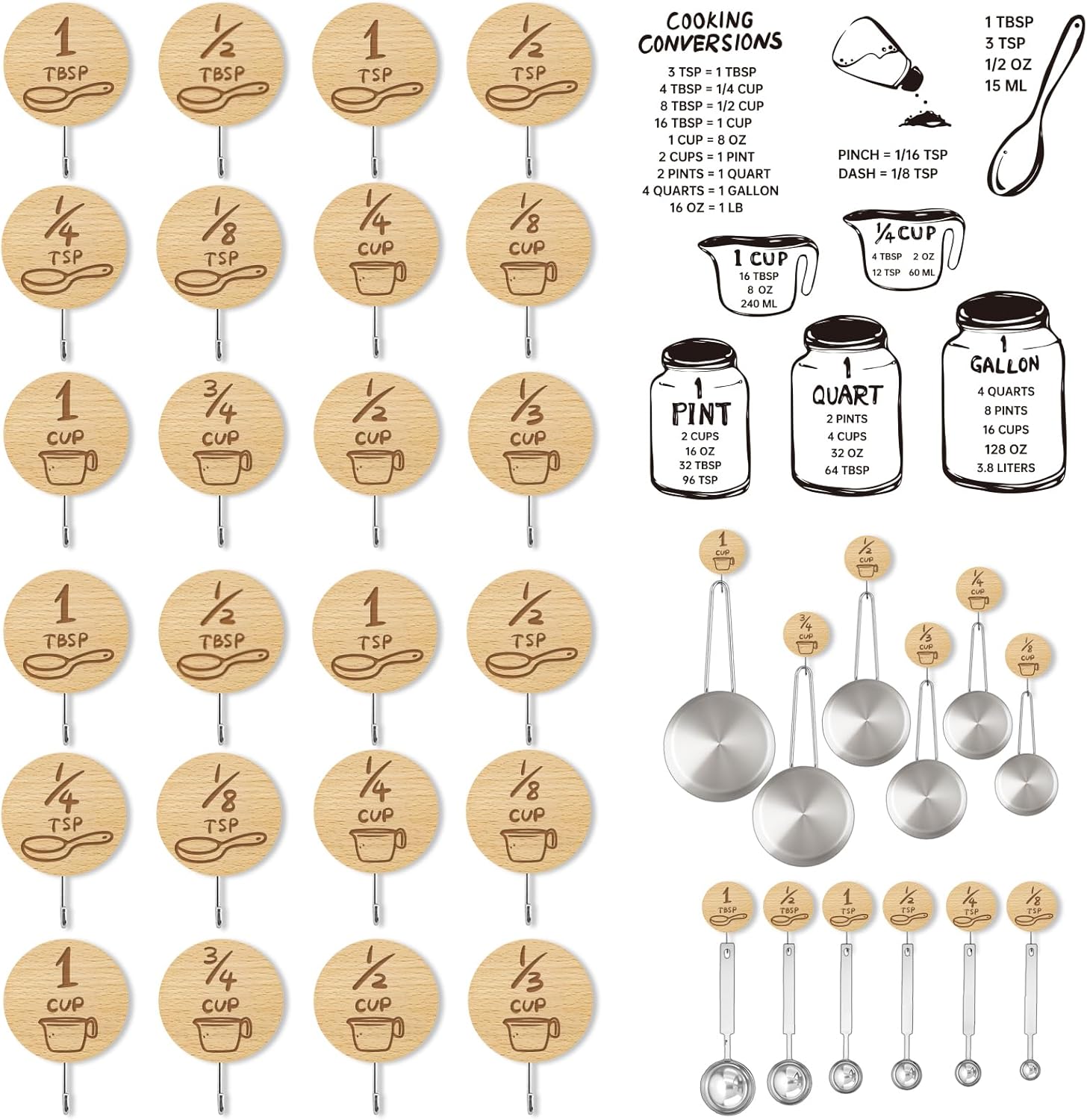 Measuring Cup and Spoon Organizer, 24 Pack Adhesive Wood Hooks for Hanging with 12 Kitchen Conversion Chart Stickers, Kitchen Hooks for Space Saving Storage