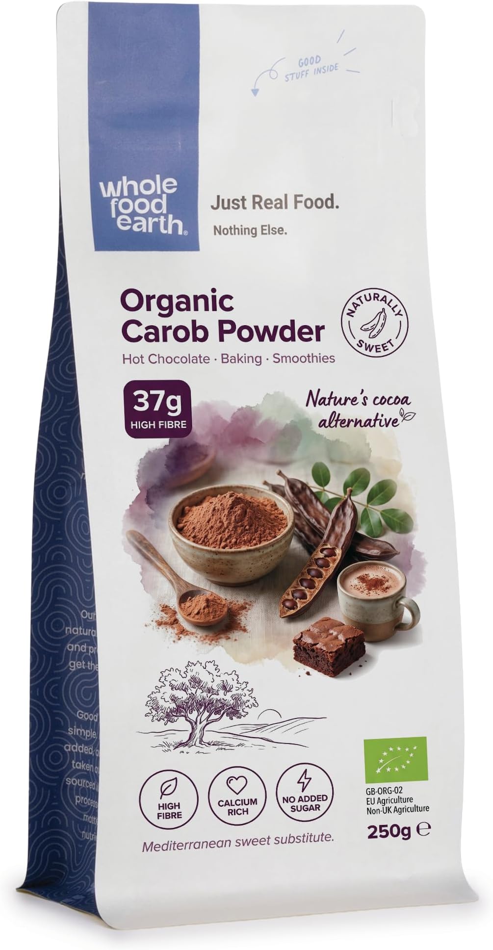 Wholefood Earth - Organic Carob Powder 250g - Grade A - Vegan - No Added Sugar - GMO Free