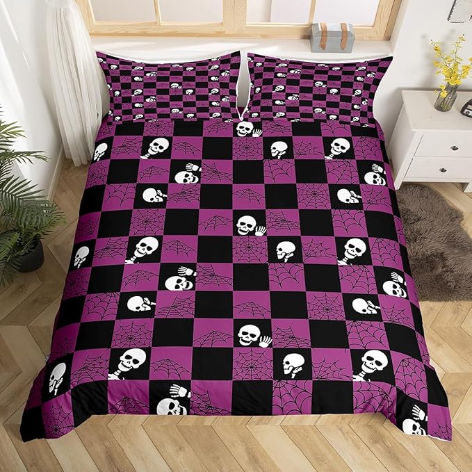 Feelyou Purple Sugar Skull Bedding Duvet Cover Set Kids Skeleton Bedding Set Spider Web Comforter Cover Set for Women Men Room Decor Halloween Themed Bedspread Cover, King Size, No Comforter