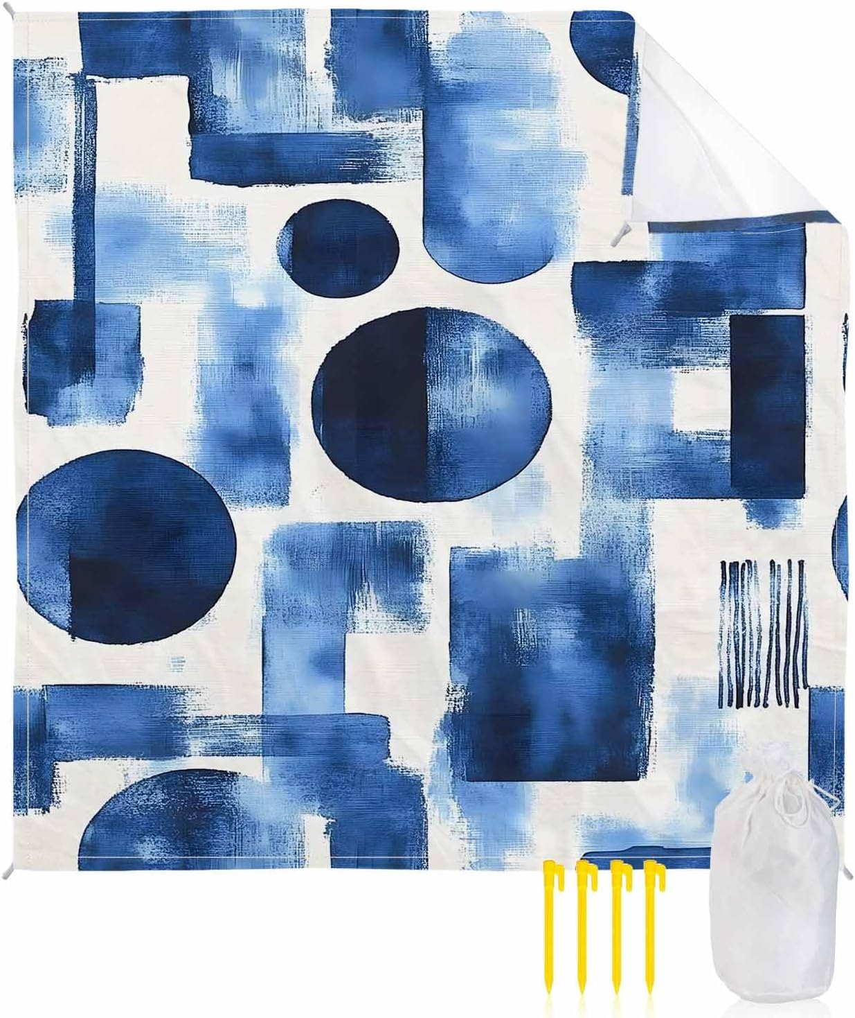 Abstract Blue Gradient Geometric Pattern Beach Blanket Extra Large 95x80in Outdoor Waterproof Sandproof Picnic Blankets with Stakes Lightweight Beach Mat for Camping Travel Hiking,Modern Color Block