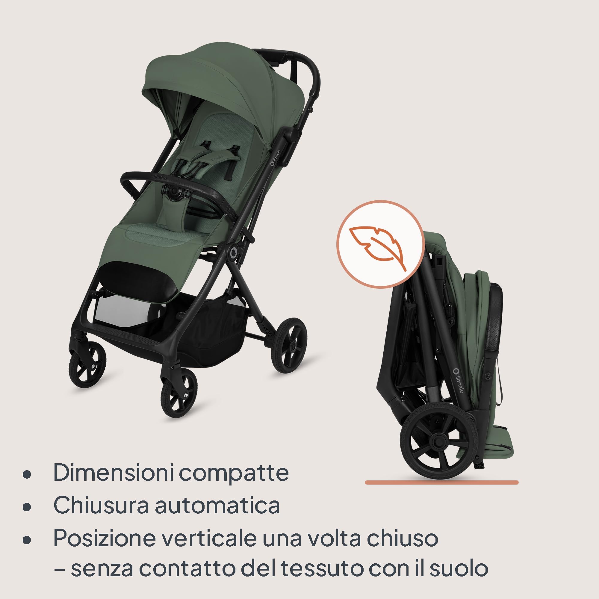 Lionelo TANSI Passeggino Leggero Compatto fino a 22 kg Pieghevole con Chiusura Automatica a una Mano, Ruote GravelTech Ammortizzate, Schienale Reclinabile, Cappottina Ventilata, Dri Seat Traspirante