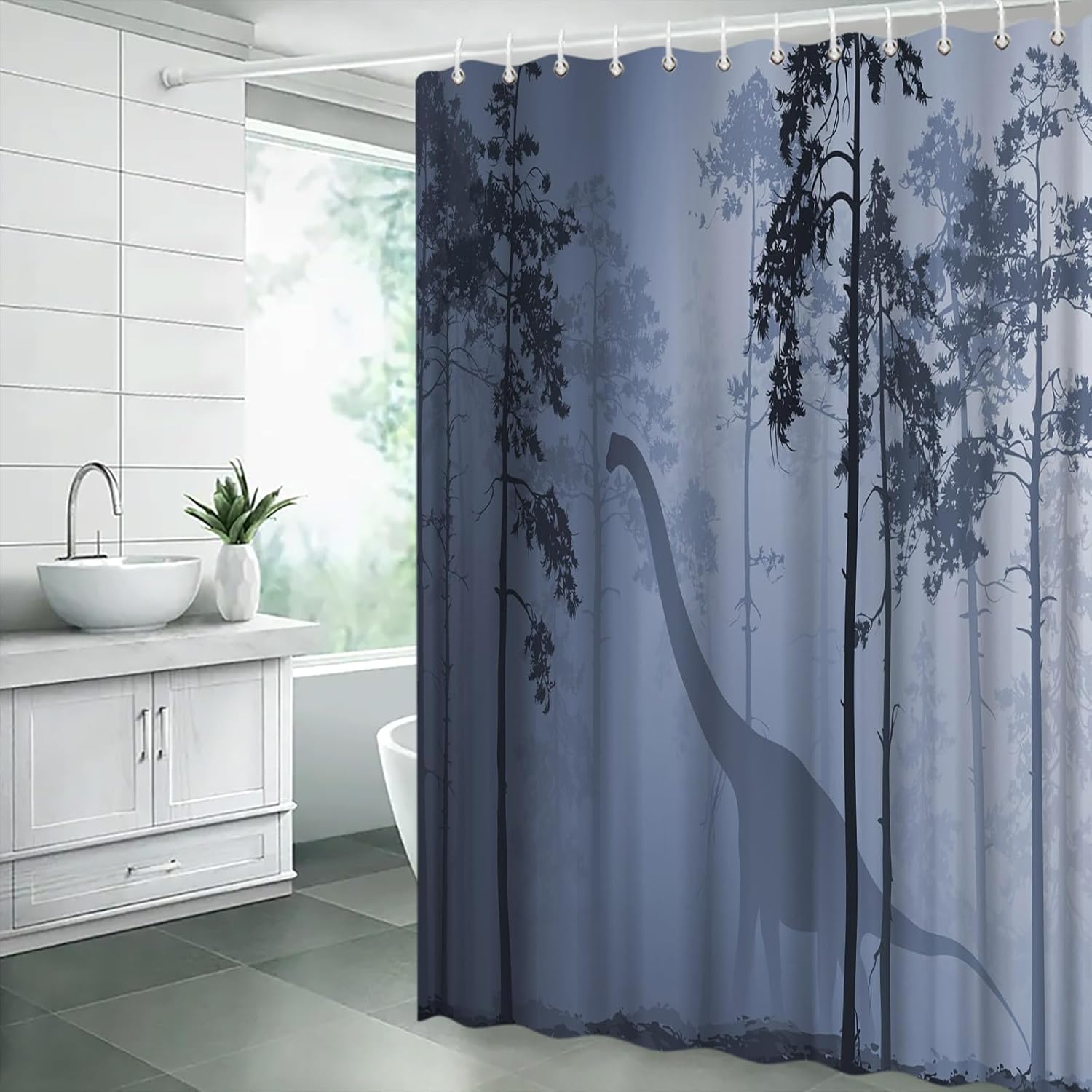 Dinosaur Forest Extra Long Shower Curtain,Funny Animal Tree Misty Foggy Dino Wildlife Blue Gray Bathroom Home Curtain Decor with Hooks,70x78 Inch