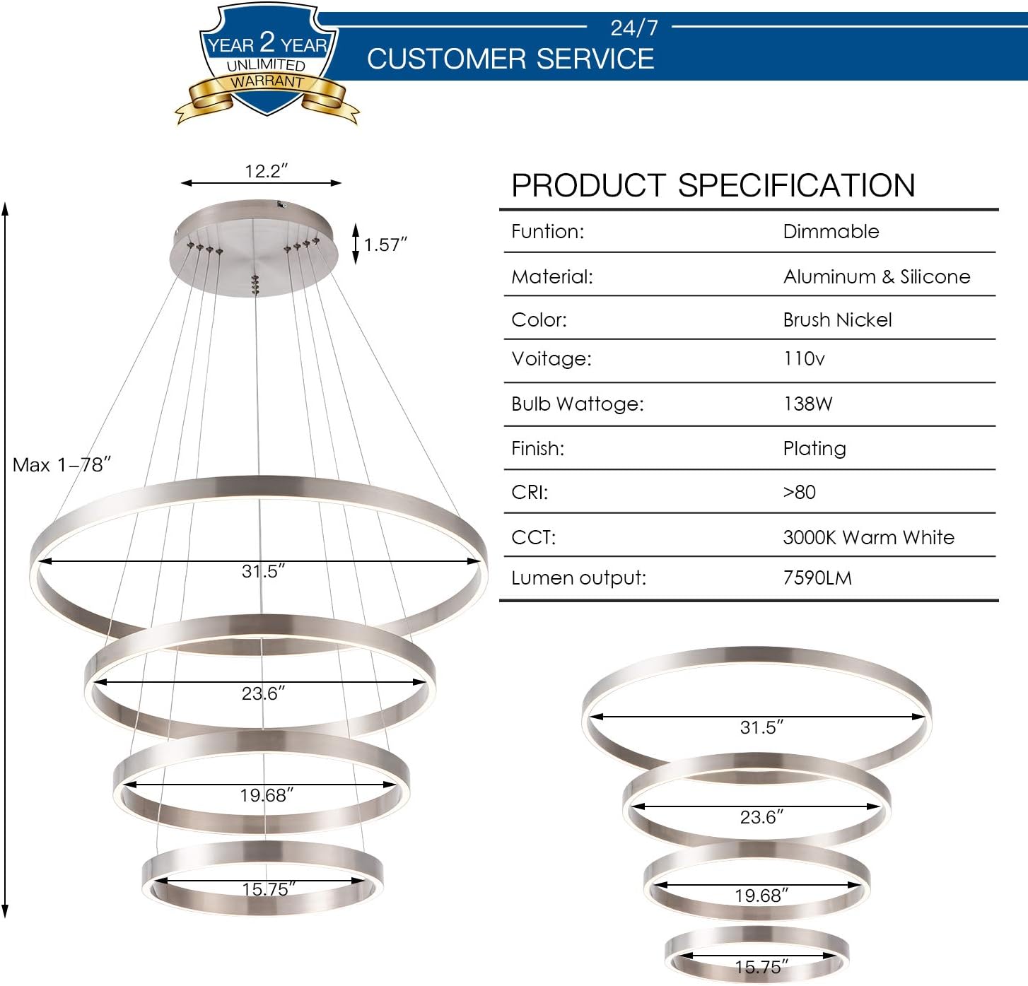 Black Friday - 50% OFF MADEM LED Modern Chandelier 4-Ring Circular Dimmable Pendant Light Flush Mount Pendant Lighting for Living Room Dining Room, Bedroom,3000K Warm White,Brush Nickel