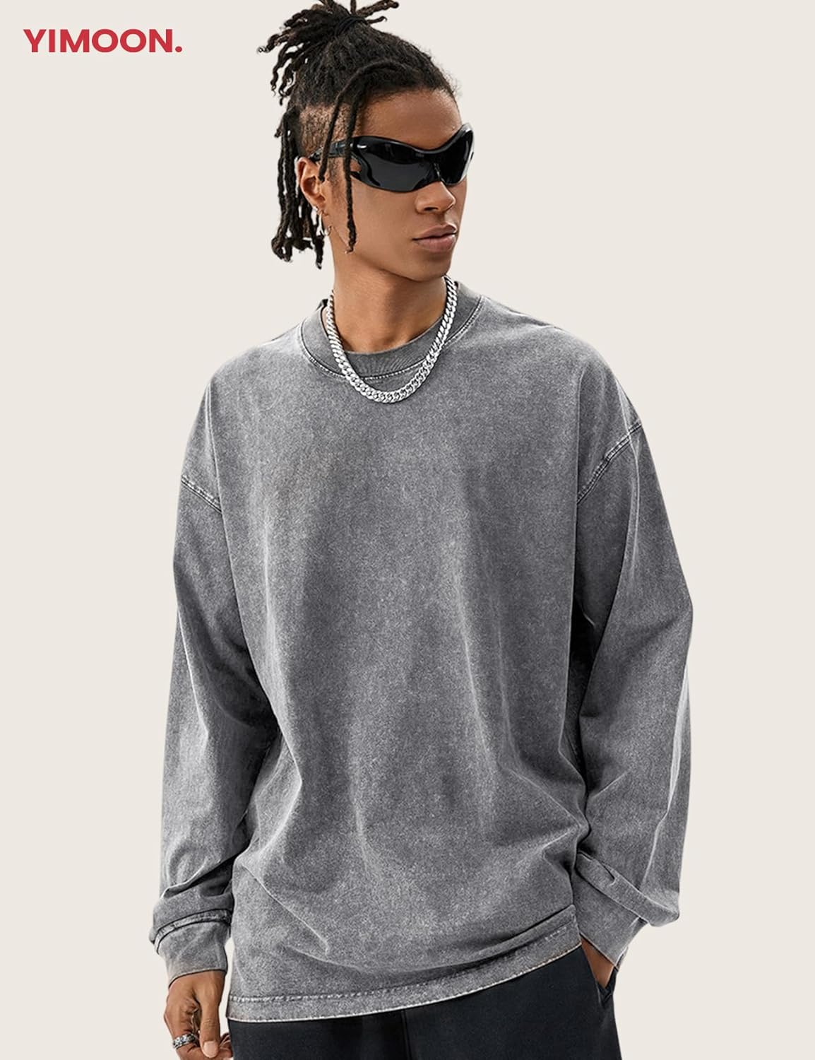 Yimoon Oversized Tshirts for Men Cotton Long Sleeve Shirts Vintage Acid Wash Baggy Tees Casual Crewneck T-Shirt - Image 2