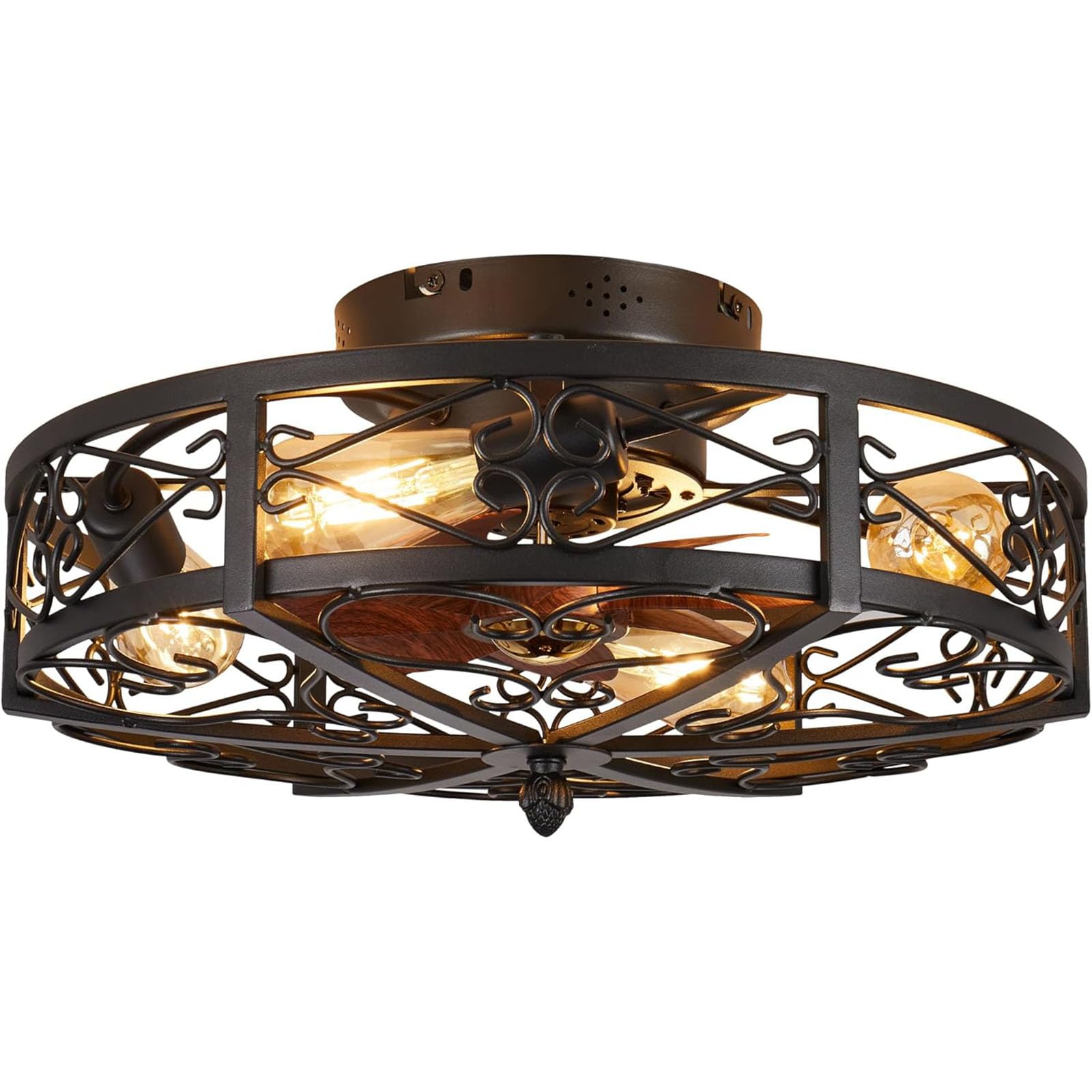 50cm Deckenlampe mit Ventilator Industrial Vintage Deckenventilatoren mit Beleuchtung Metall Käfigbeleuchtung 4*E27 Unterputzmontage mit Fernbedienung Timer-Funktion, Schwarz (exkl Leuchtmittel)