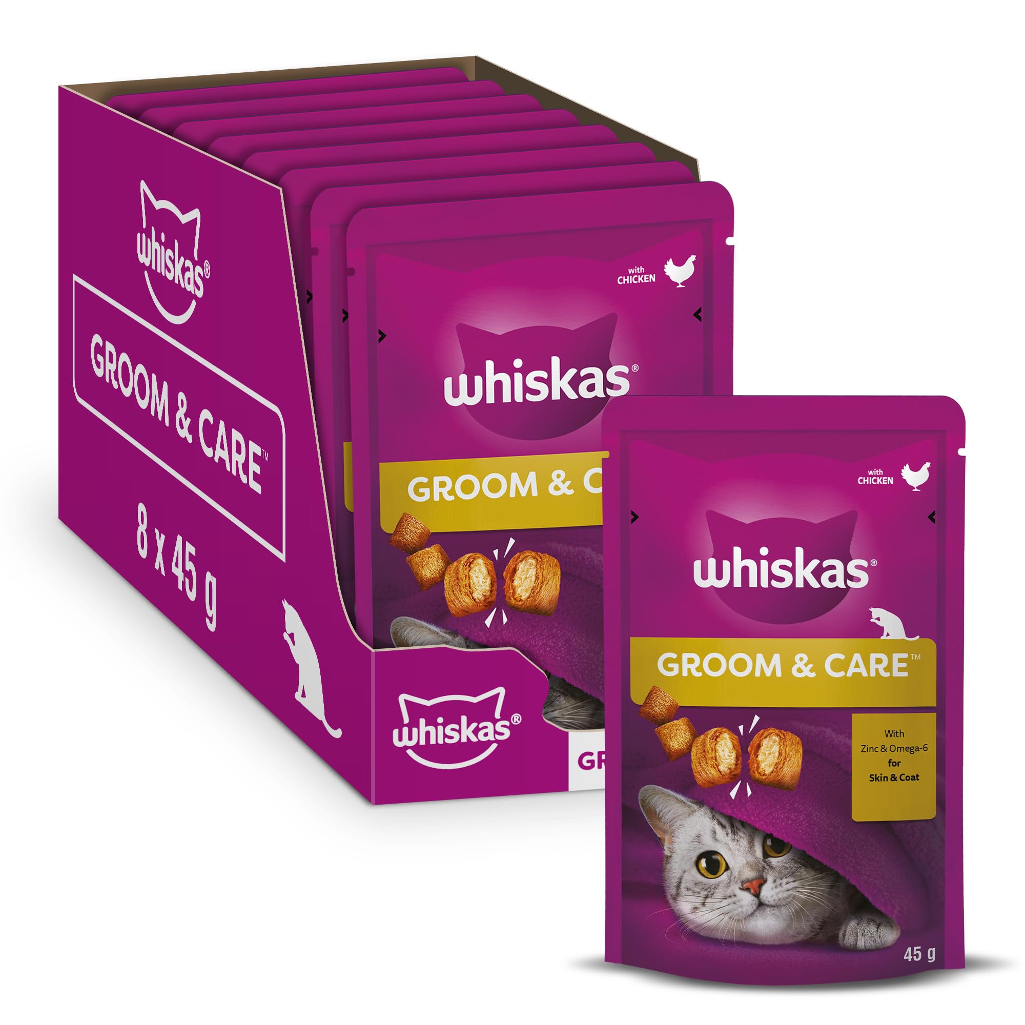 Whiskas Groom and Care - Cat Treats - Small Bite Size Snacks with Chicken Filling - 8 x 45 g