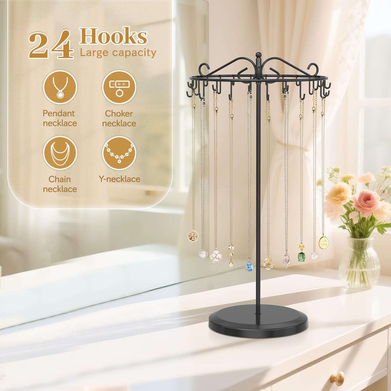 MODOWEY Necklace Holder Organizer Rotating Display Adjustable Stand, Black image 2