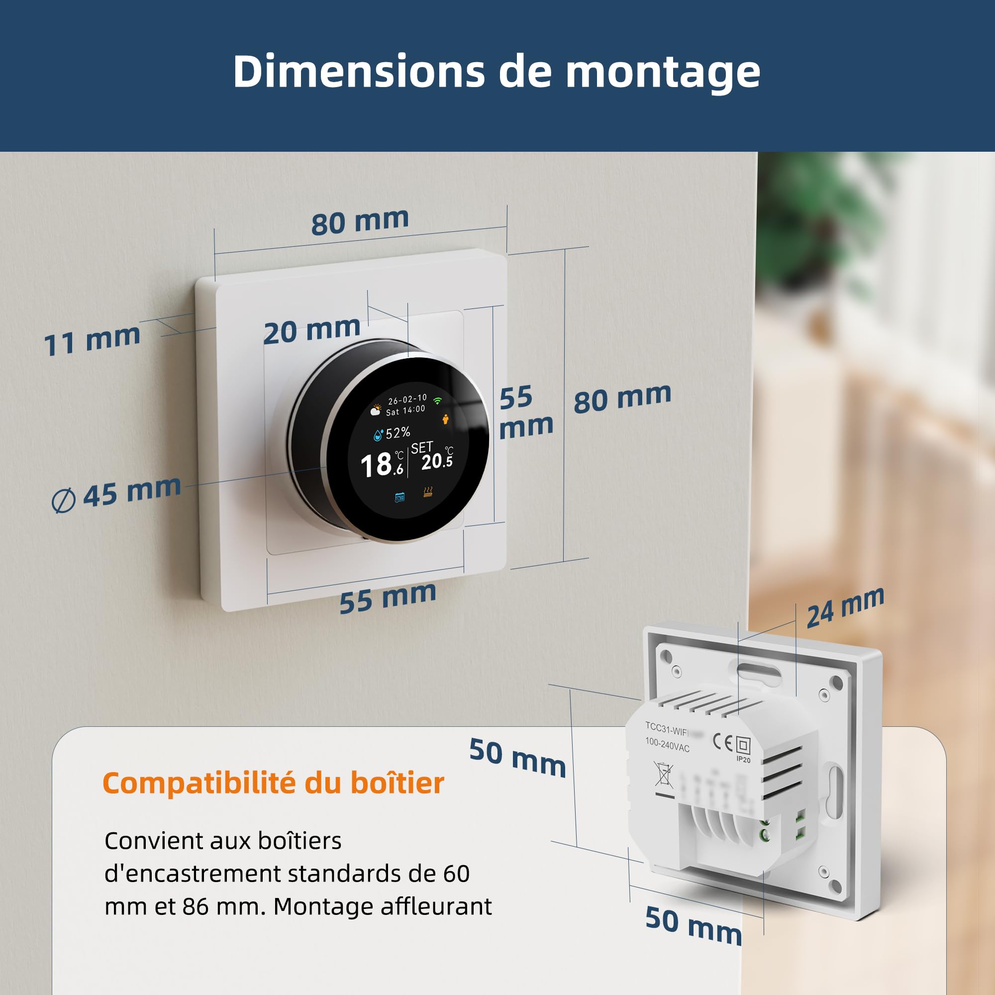 Beok Thermostat Connecté Intelligent WiFi, avec Sonde Extérieure, Régulateur Température Rotatif, Écran Couleur, Programmable 16A pour Chauffage Sol Électrique, Compatible Alexa/Google Home