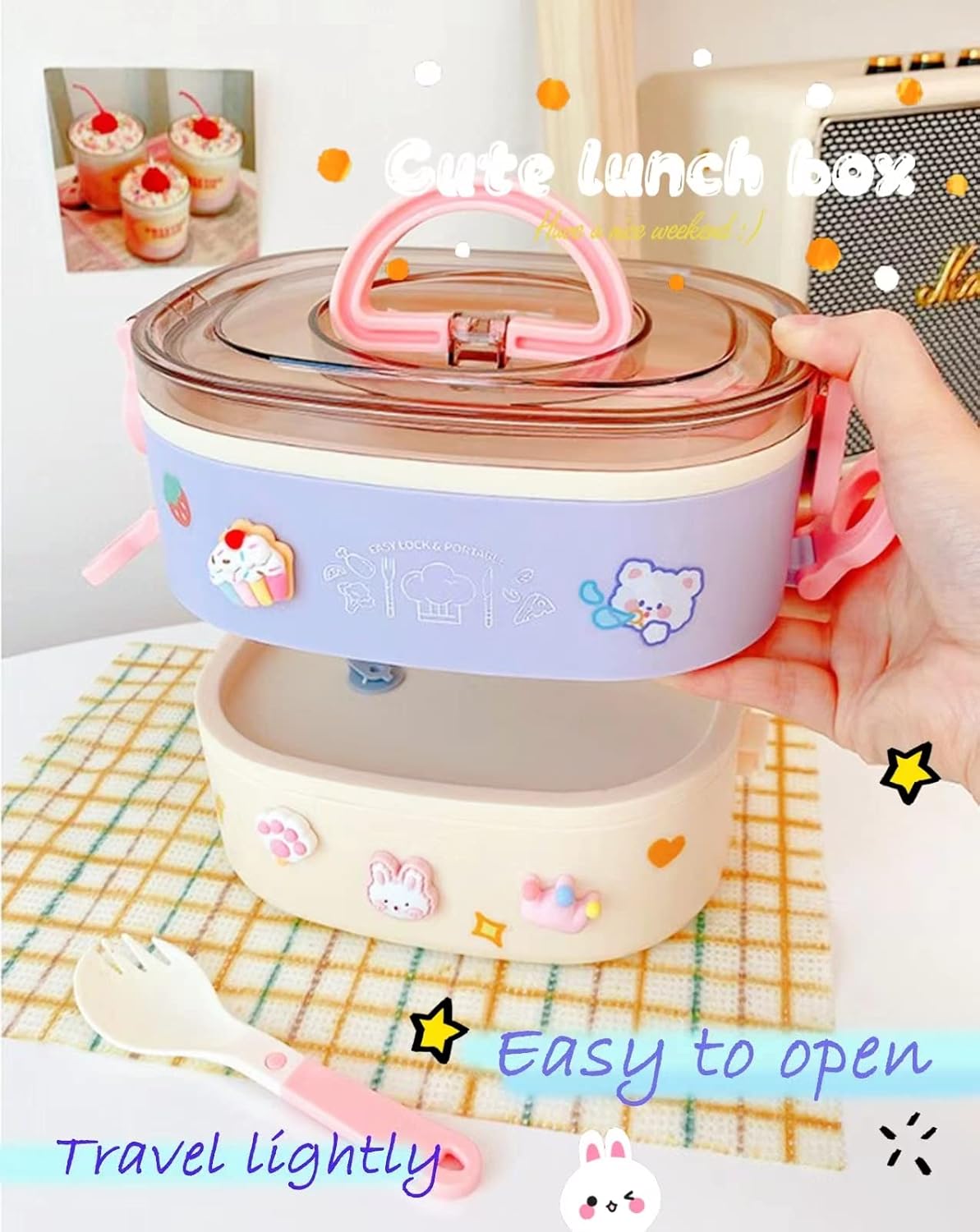 Kawaii Bento Box Bento Lunch Box with Lunch Bag,Tableware,Biscuit bags,2 Layers Stacked Leakproof Cute Lunch Box,for Travel,Office,Gym. (purple)
