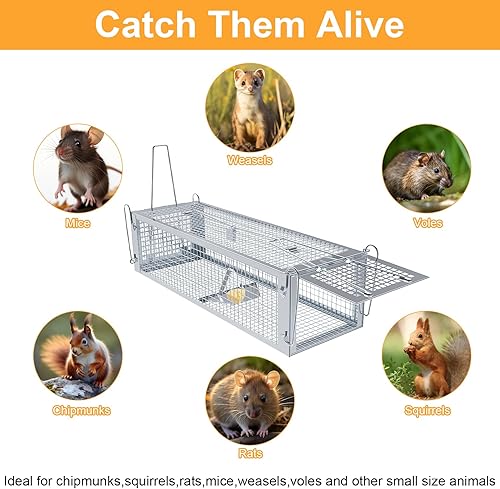 Miniatura 6 de Trampa para ratas, trampas para ratones grandes de 2 puertas que funcionan para interiores del hogar y exteriores, trampa para roedores pequeños,