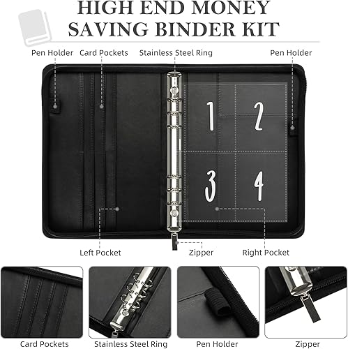 Vista 5 de Ospelelf Carpeta de piel sintética con cierre de cremallera, 100 sobres, para ahorro de dinero, para dinero en efectivo 2025, color negro