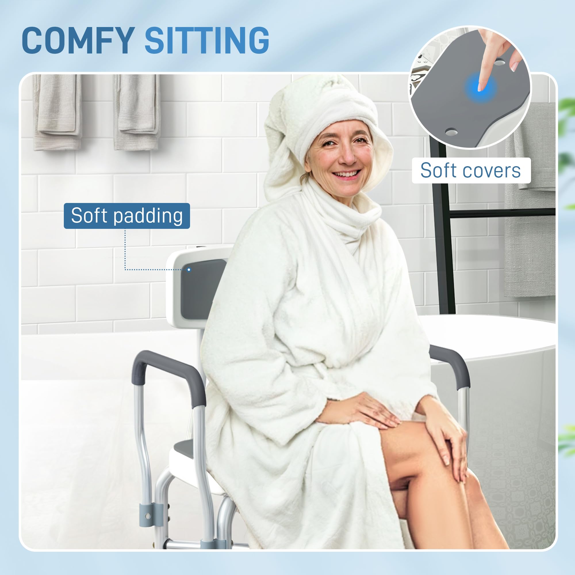 HOMCOM Silla de ducha con abertura higiénica acolchada para ancianos Gris | Barras reforzadas, silla baño regulable, patas antideslizantes, para mayores, discapacitados, montaje sin herramientas