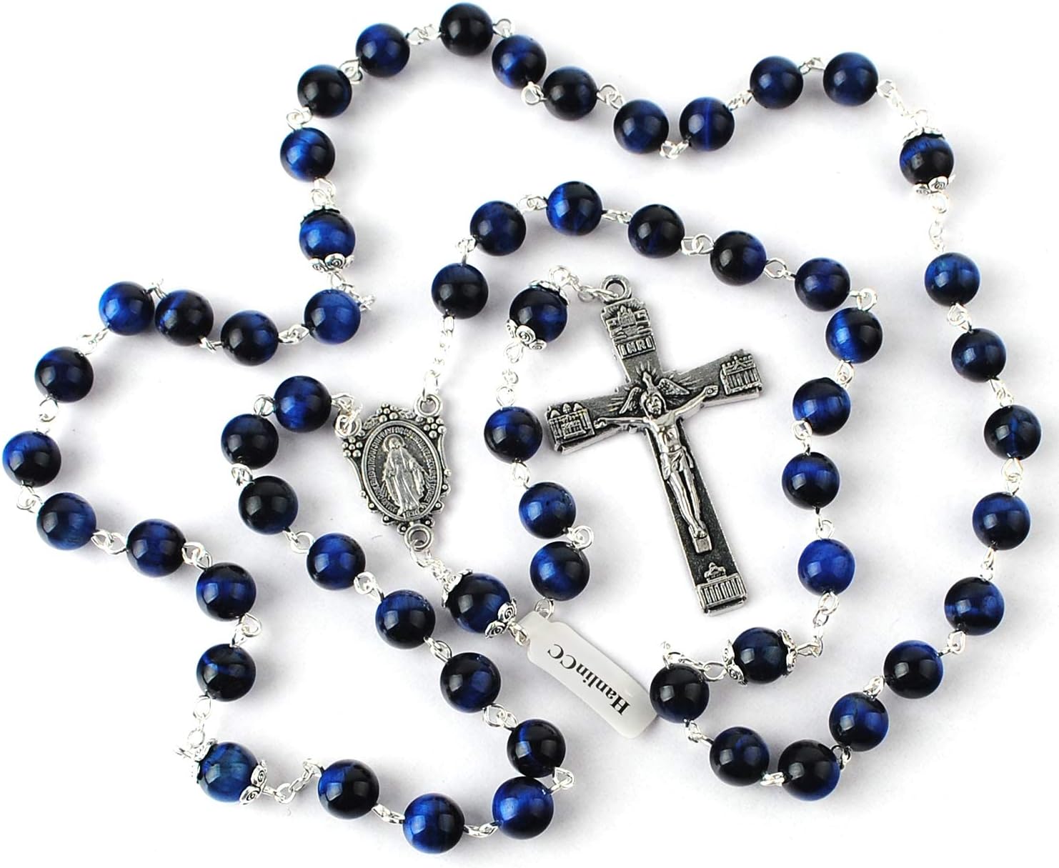 HanlinCC 8mm Natural Blue Tiger Eyes Gemstone Beads Miraculous 5 Dacade Rosary Necklace with Anti-Silver Catholic Crucifix Pack in Leather Gift Box - Image 6