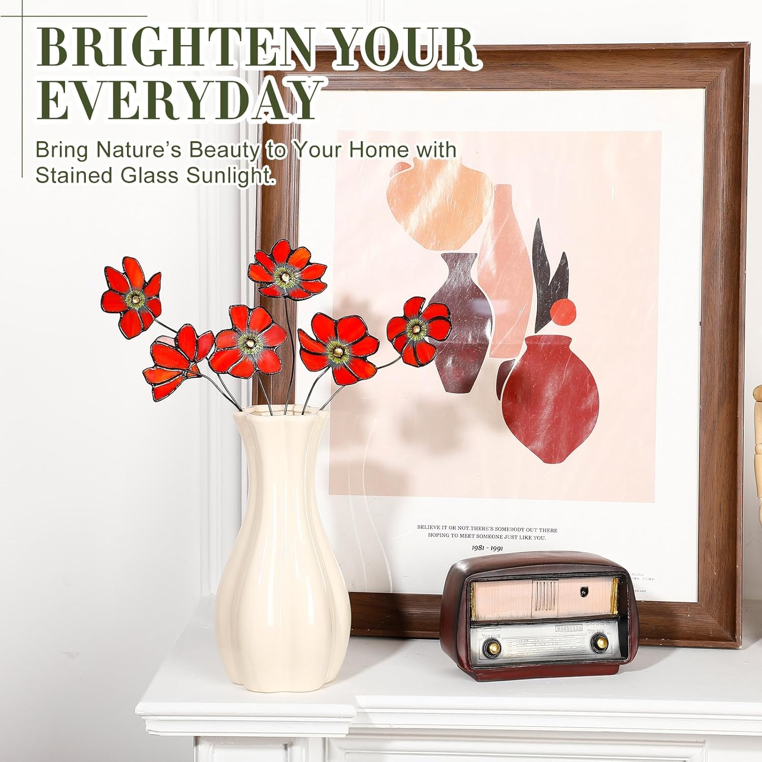 6 Pcs Stained Glass Flowers with Stems 17 Inch Red Bouquets Flower Faux Flower Floral for Mom Valentine's Day Gifts, Home Decor(No Vase)