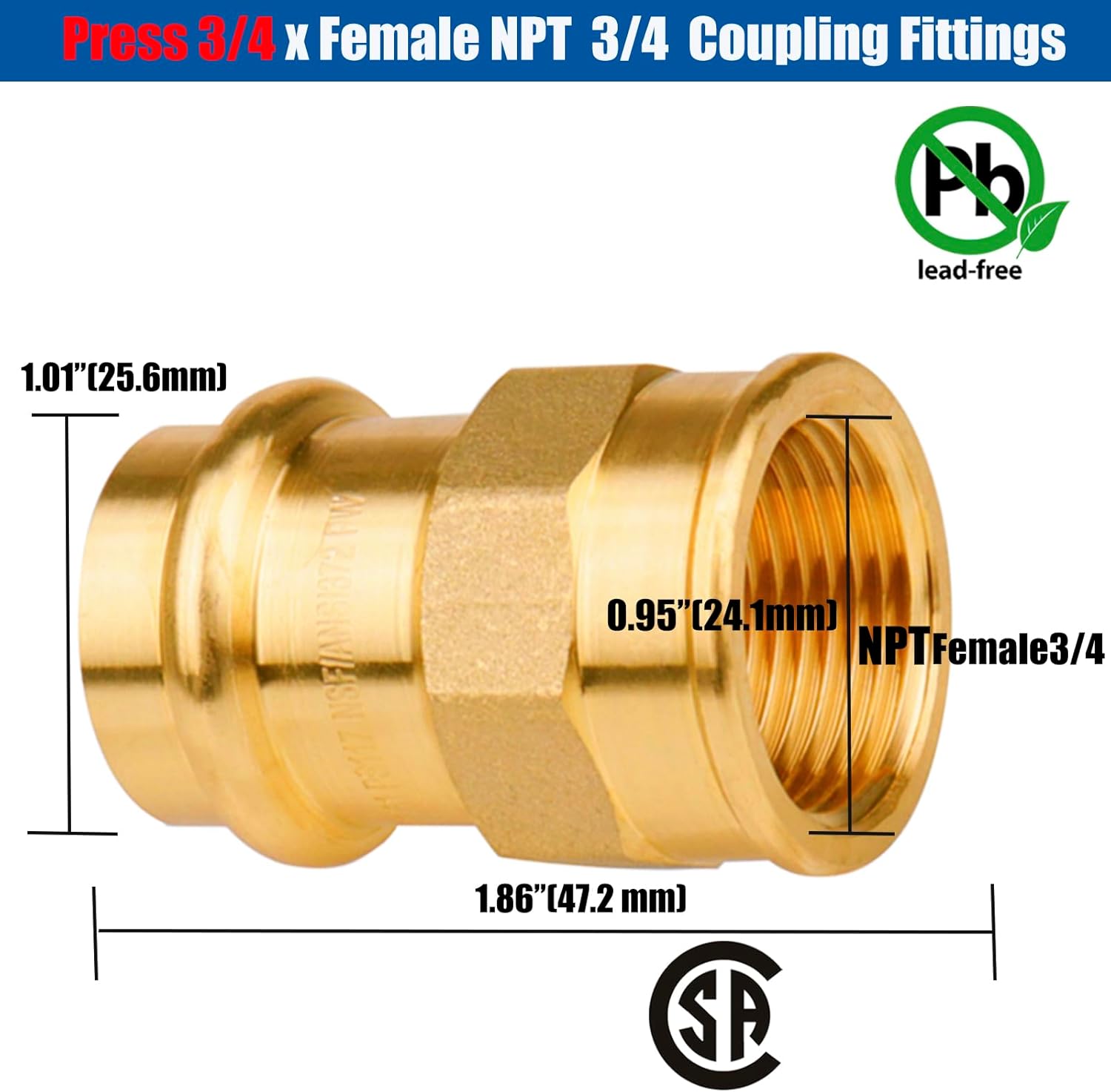 WHK 10 Pack 3/4" Press Pro press x 3/4" NPT Female Adapter Fittings Pressure Cooper Conenct to Female NPT Pipe（Lead-Free brass)