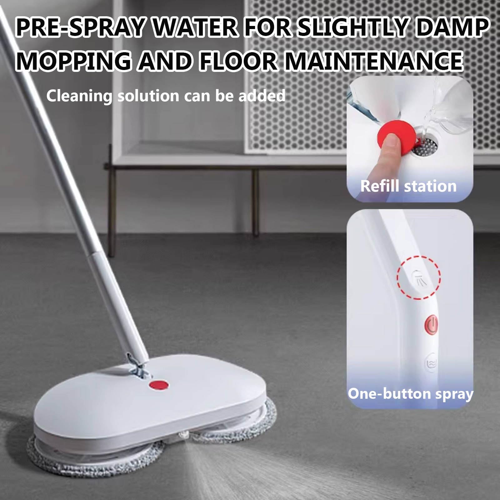 Mopa giratoria eléctrica con pulverizador de agua, fregona autolimpiable recargable portátil, tanque de 290 ml, 4 almohadillas para suelos de madera, mármol y azulejos