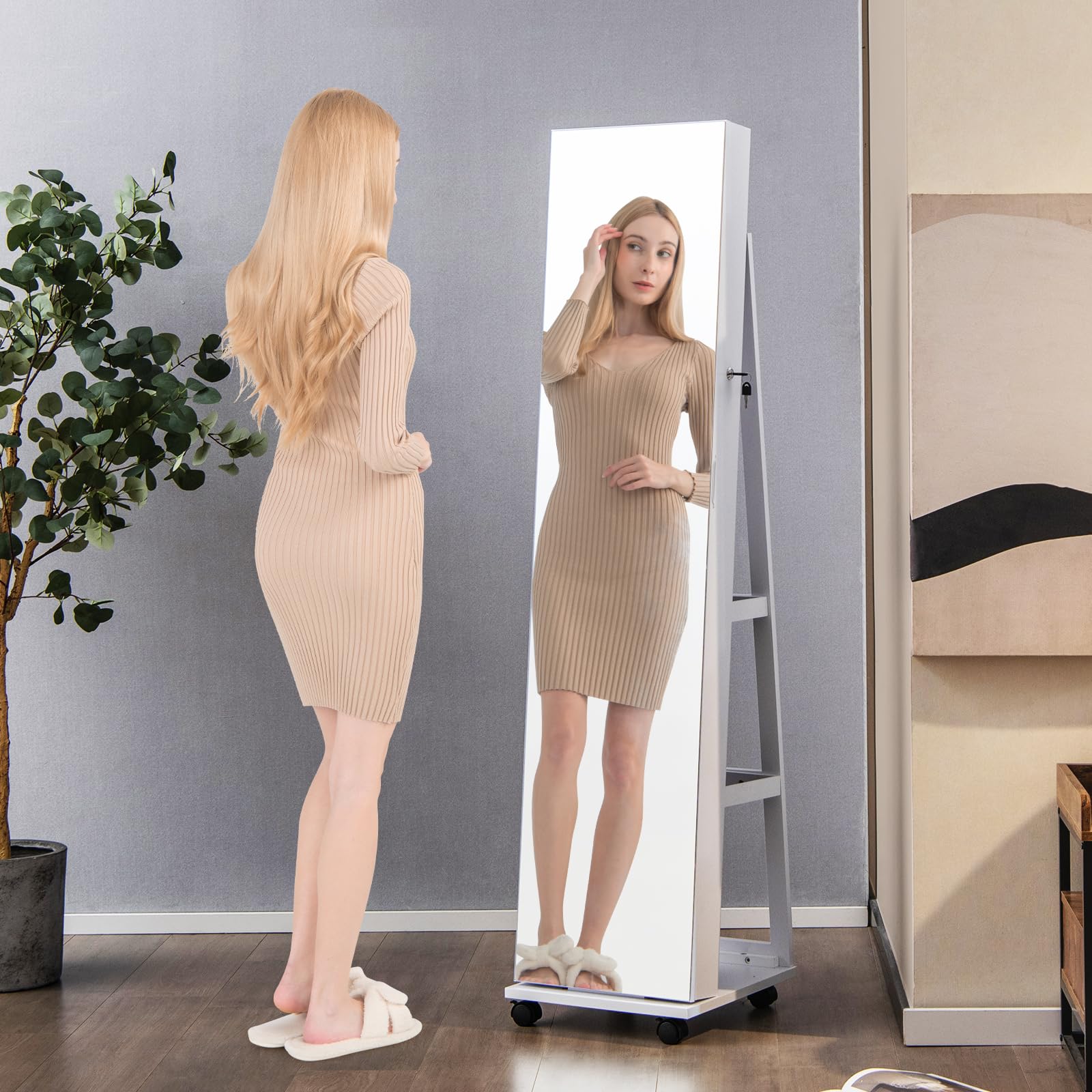 RELAX4LIFE Schmuckschrank mit Ganzkörperspiegel, 3 in 1 Spiegelschrank mit 4 Rädern & 3 farbigen LEDs, 360° Drehbar & Abschließbar, Schmuckorganizer mit 3 Regalen (Weiß)