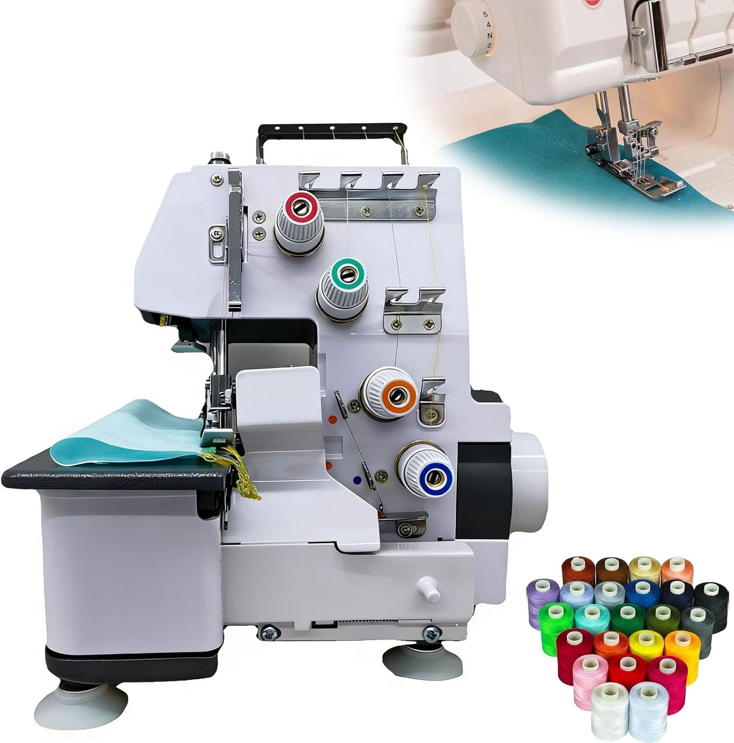 Industrial Thread Overlock Sewing Machine, 1200 Stitches/Min, White ABS Plastic, 100W Heavy Duty with Auto Cutter, 4-Thread Serger, LED Light, Foot Controller, 15.7 x 11.8 x 9.8 Inches