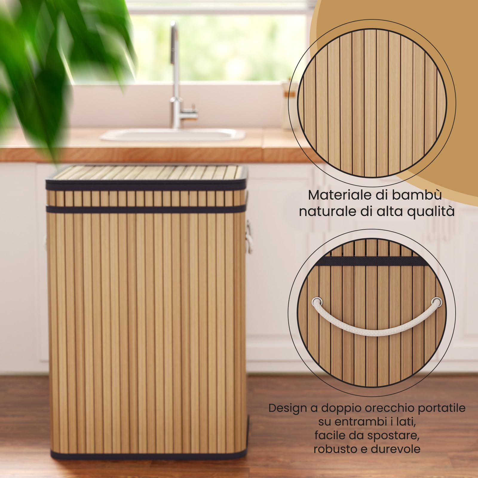Mihoho Pattumiera grande da 80 litri/21 galloni con coperchio, cestino per rifiuti in bambù, pattumiera per esterni/bidone per rifiuti per casa, ufficio, bagno, cucina 40X30X60 CM (kaki chiaro)