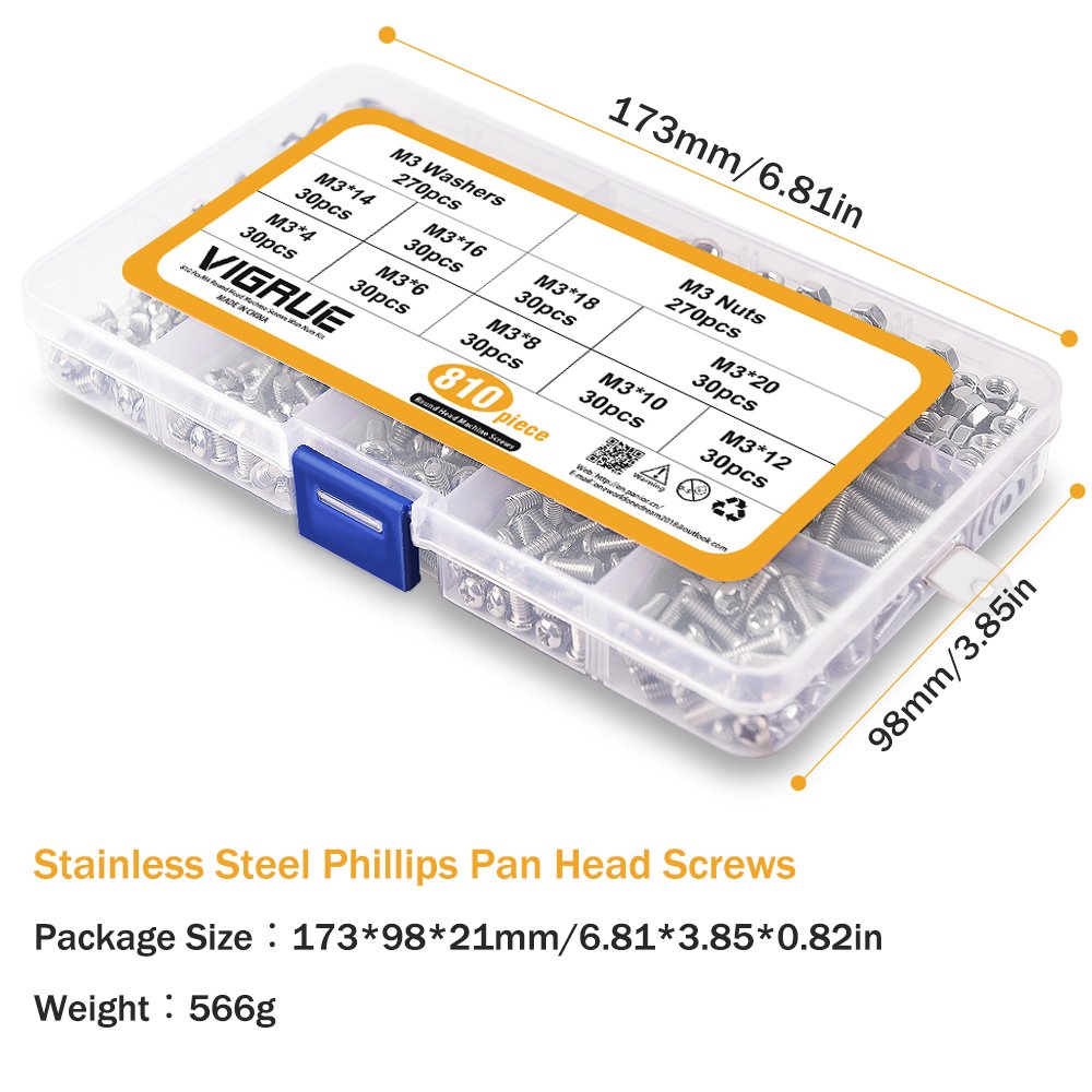 VIGRUE 810Pcs M3 x 4/6/8/10/12/14/16/18/20 mm Screw Assortment Kit 304 Stainless Steel Phillips Pan Head Machine Screws Bolts Nuts Lock Flat Washers with Storage Box
