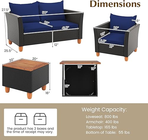 Miniatura 9 de HAPPYGRILL Juego de 4 piezas de mimbre para patio, silla de ratán de polietileno y otomana con cojines extraíbles, mesa de centro de almacenamiento,