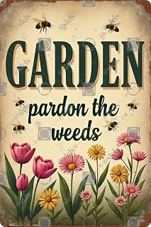 Pardon The Weeds I'm Feeding The Bees Tin Sign 8x12 inch Metal Wall Decor Vintage Retro Backyard Wall Art for Home Garden Gardening Lovers