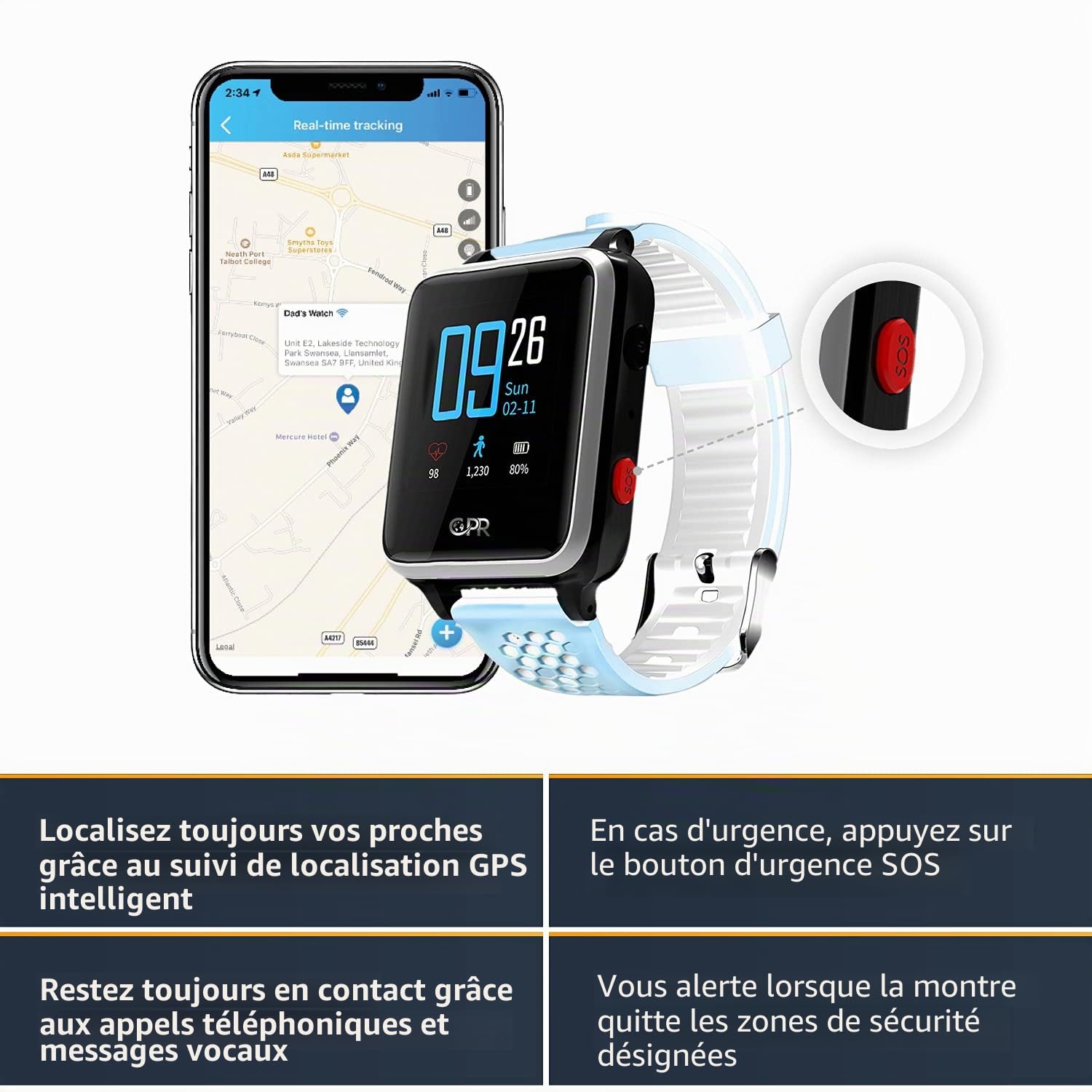 Guardian Montre GPS pour Enfants avec Bouton SOS pour Les urgences et Les appels bidirectionnels avec Les Parents et Les Meilleurs Amis