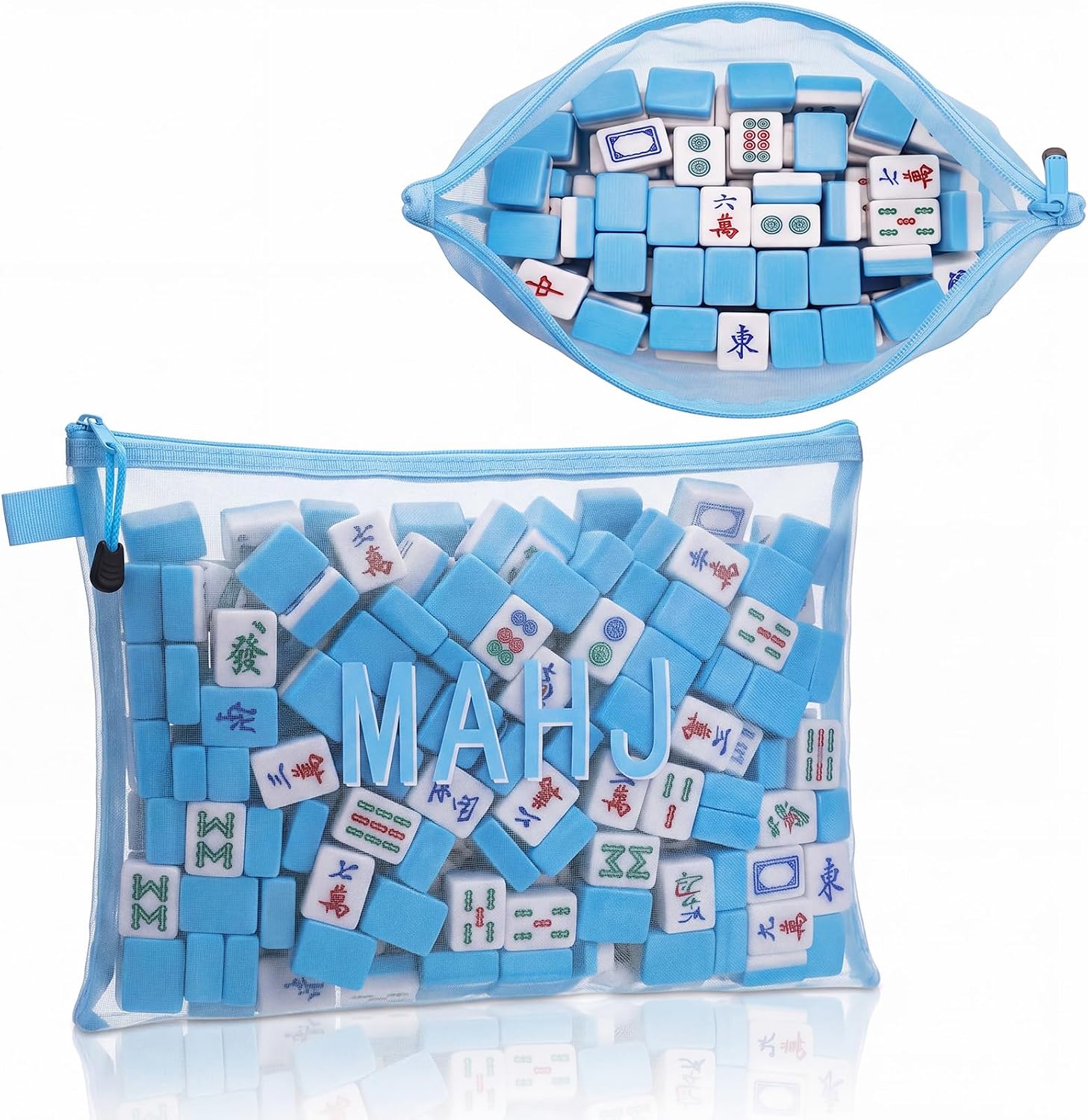 Empty Mahjong Tile Bag American Mesh Clear Mahjong Case Size 166 Zippered Blue Storage Tile Holder Protective Sleeve 9.45 x 13.19 Inches Rack Bag for Game Lover Gift Travel, Case Only