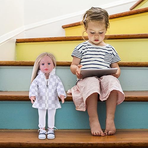 Miniatura 8 de Rakki Dolli Ropa de muñeca de 3 piezas. Conjunto de abrigo grueso con capucha a cuadros grises y blancos con traje de muñeca de manga larga para