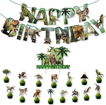 Dinosaur Jungle Happy Birthday Flag Cake Topper Birthday Decoration Set Party Supplies