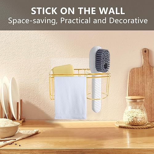 Miniatura 5 de Organizador adhesivo 3 en 1 para fregadero de cocina, esponja de acero inoxidable y soporte para cepillo para fregadero de cocina, adecuado para