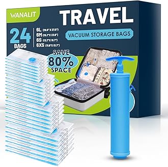 Travel Vacuum Storage Bags with Hand Pump, 24 Pack (6L+6M+6S+6XS) Vacuum Seal Bag Travel Essentials Space Saving Bags for Clothes, Luggage, Carry-on Suitcase, Backpack, Holiday Business Trip