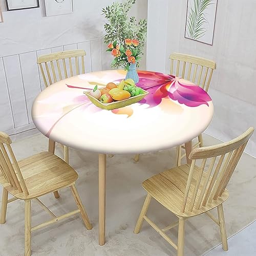 Vista 64 de Mantel redondo abstracto ajustado con borde elástico, estampado de flores, estampado tradicional, de poliéster, se adapta a mesa redonda de 36