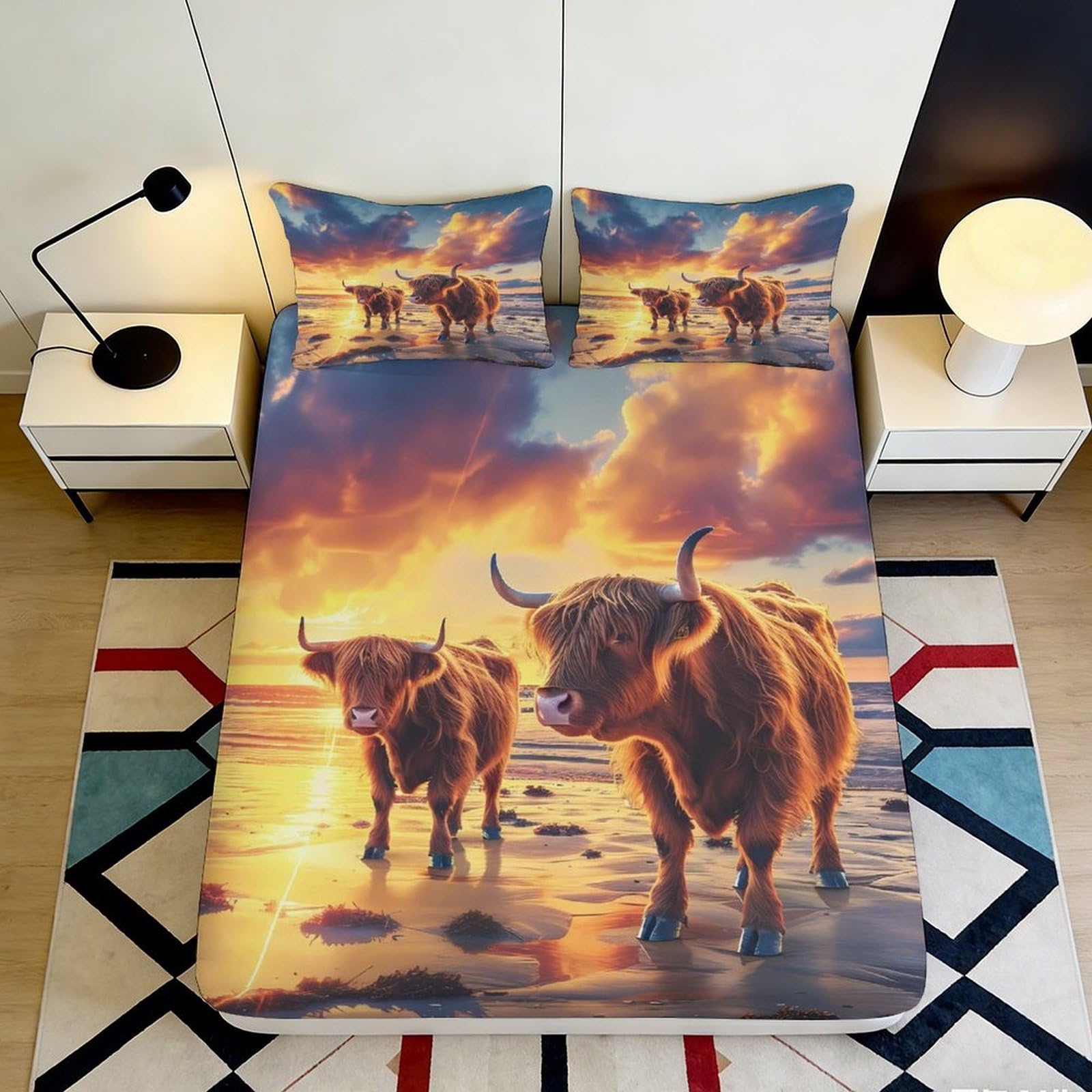 Pnayamiorkfel Style-4 3D Printed Highland Cow Sunset Fitted Sheet Microfiber Soft Anti-Slip Bed Cover For Bedroom Dorm Mattress Protection Decor 90X200x25cm