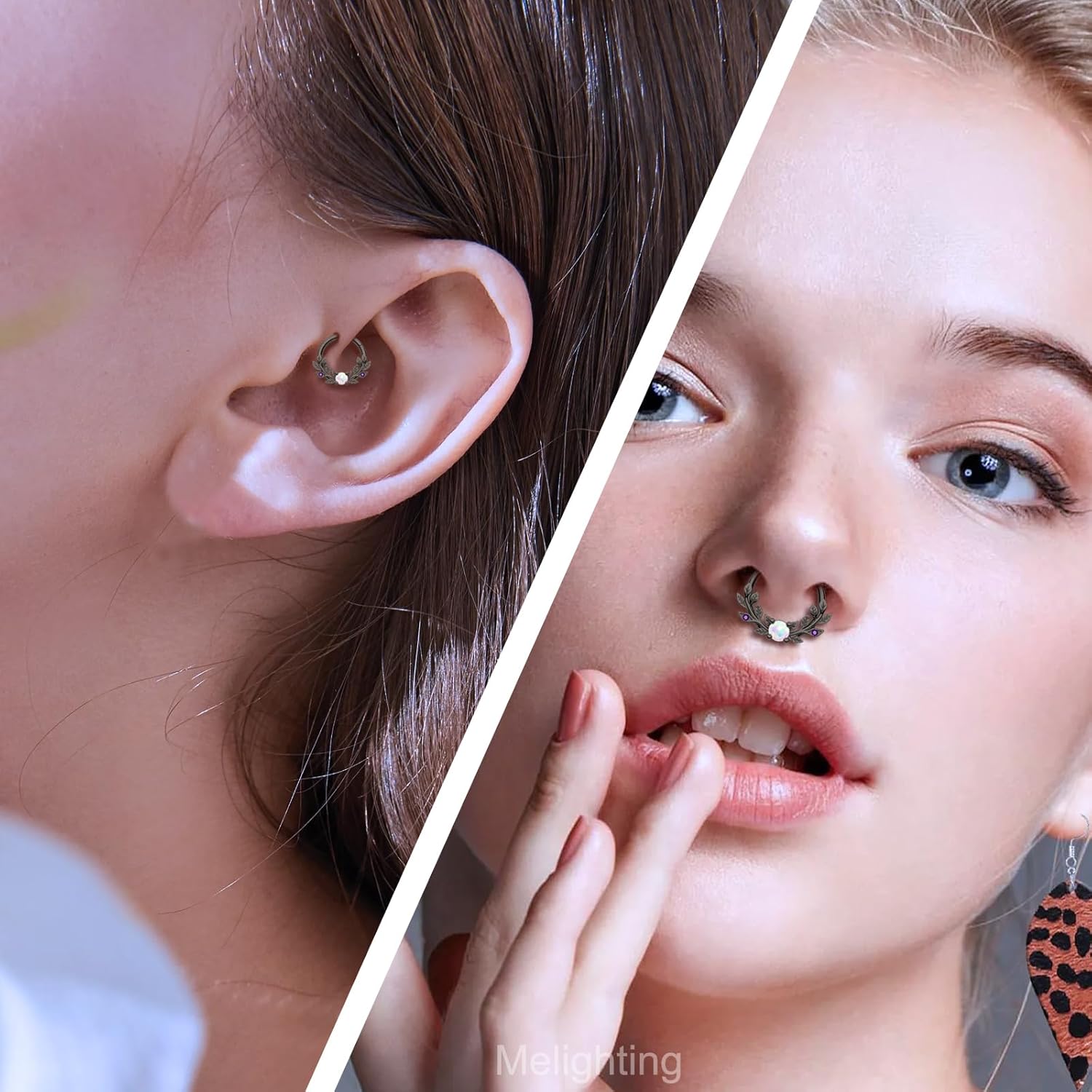 Melighting Opal Septum Ring 16G Vine Septum Jewelry Stainless Steel 316L Septum Piercing 10mm Daith Piercing Jewelry 8mm Conch Helix Earring Cartilage Earring for Women - Image 7