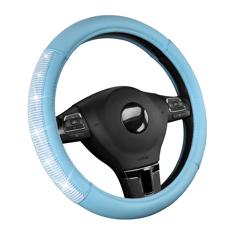 Capa para Volante PIC AUTO Azul-claro com Strass e Acabamento Estilo Couro para Volantes de 36,8 a 39,4 cm