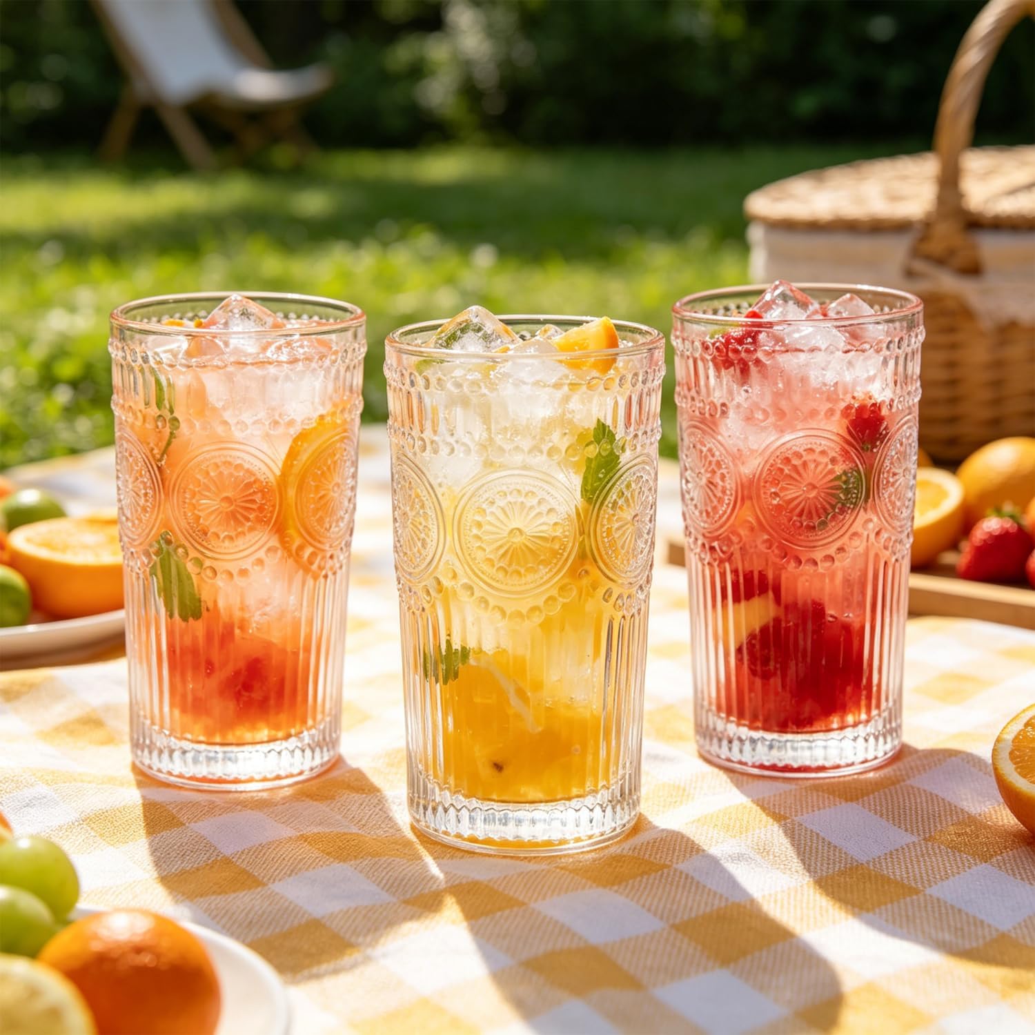 Drinking Glasses Set of 6,12oz Clear Glass Cups,Vintage Embossed Glasses Drinking Set,Glass Tumbler for Juice,Whiskey,Mixed Drinks