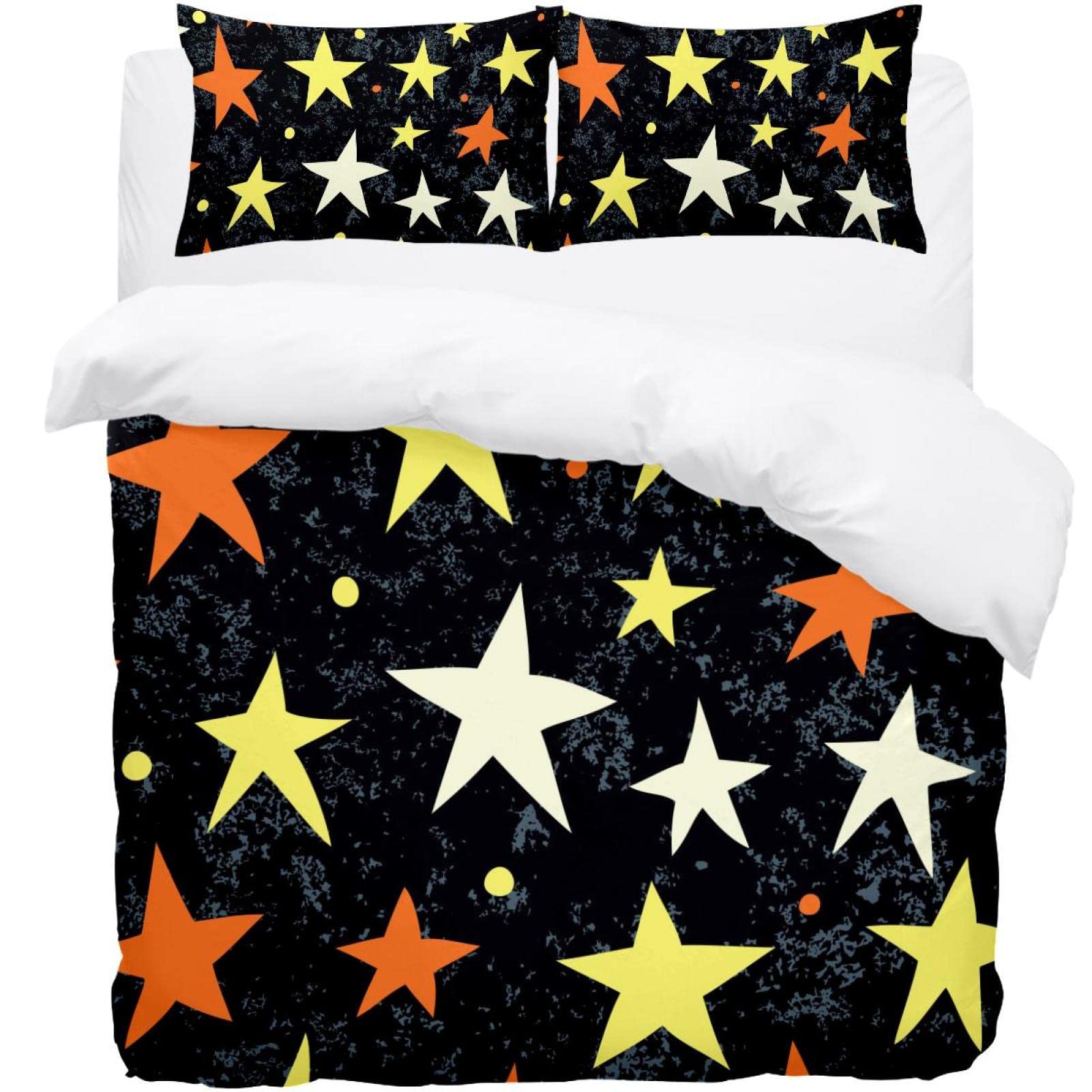 Parure de lit simple anti-plis avec housse de couette douce noire imprimé étoiles colorées
