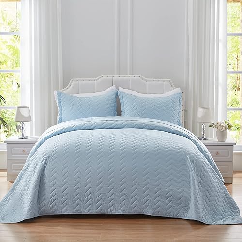 Miniatura 8 de NexHome Juego de edredón de tamaño King, colchas ligeras, de microfibra suave, reversible, acolchado, color azul bebé, estilo moderno, patrón de