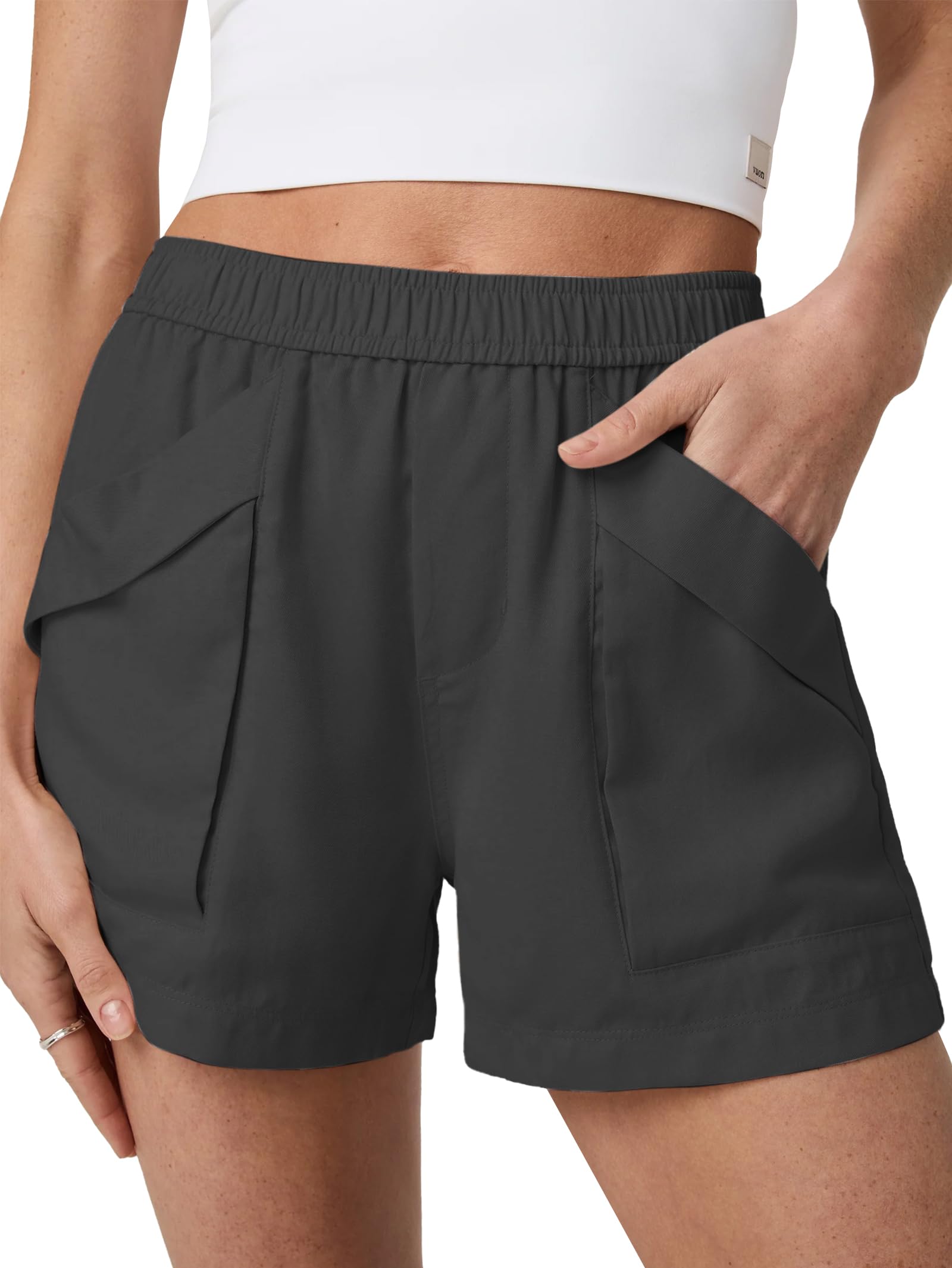 Famulily Damen Shorts aus Leinenmischung mit elastischem Bund und hoher Taille lässige Sommer-Shorts mit Taschen Strand Hotpants für Damen