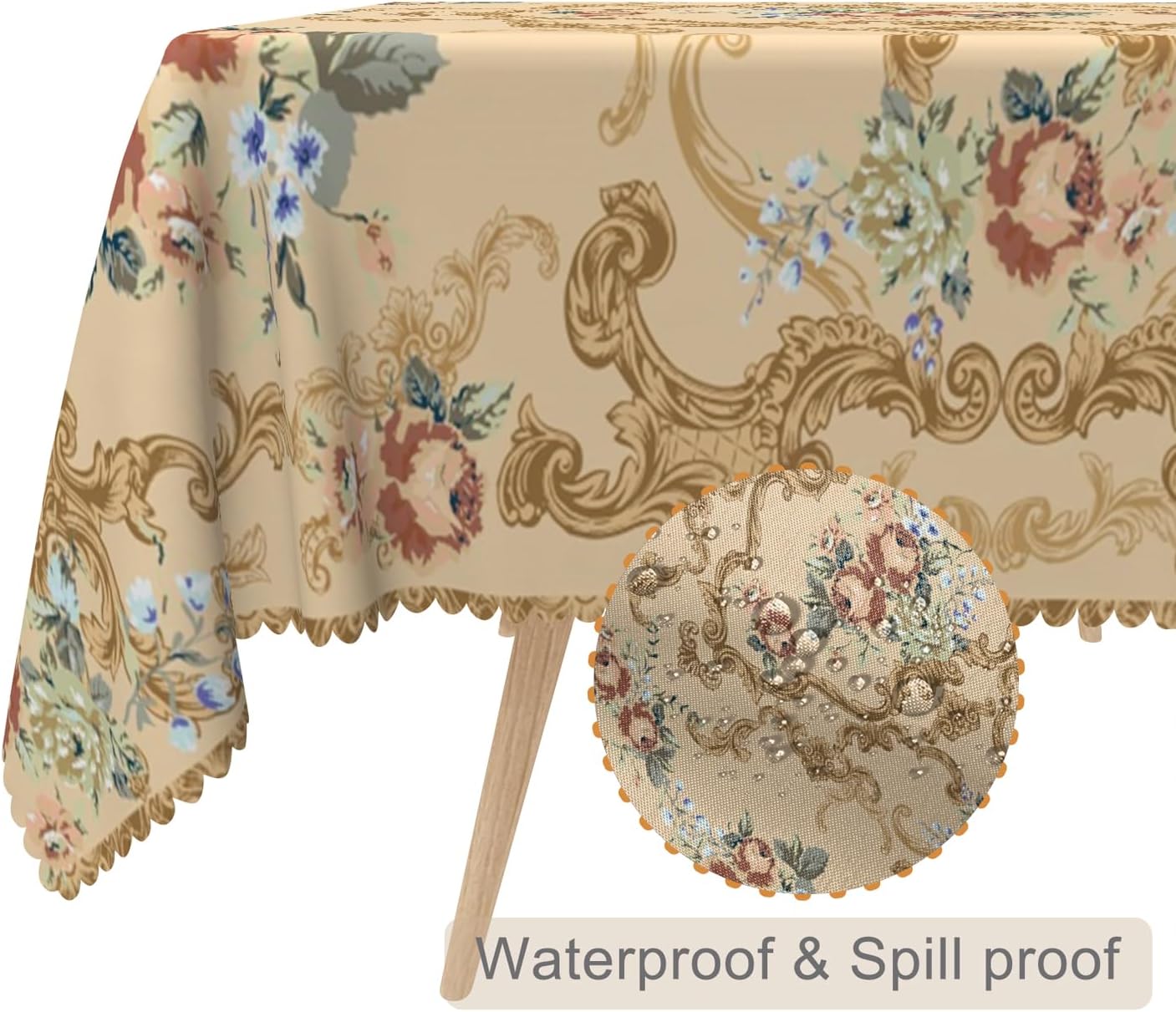 60x102inches Luxury Rectangle Tablecloth Elegant Golden Damask Pink Blue Floral Printed Fabric Table Cloth Washable and Wrinkle Free Table Cover for Kitchen Dining Room Banquet Party Decor