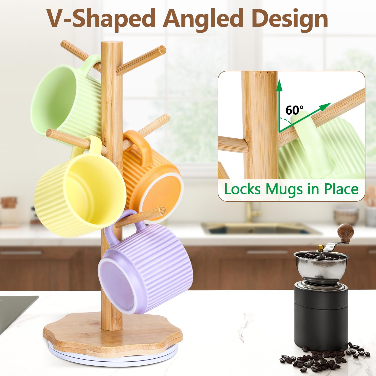 E-ROOM TREND Arbre à Tasses Bambou MHC400 + 4 Sous-tasses – Support 4 Crochets Café Naturel & Écologique Pour Cuisine & Bureau