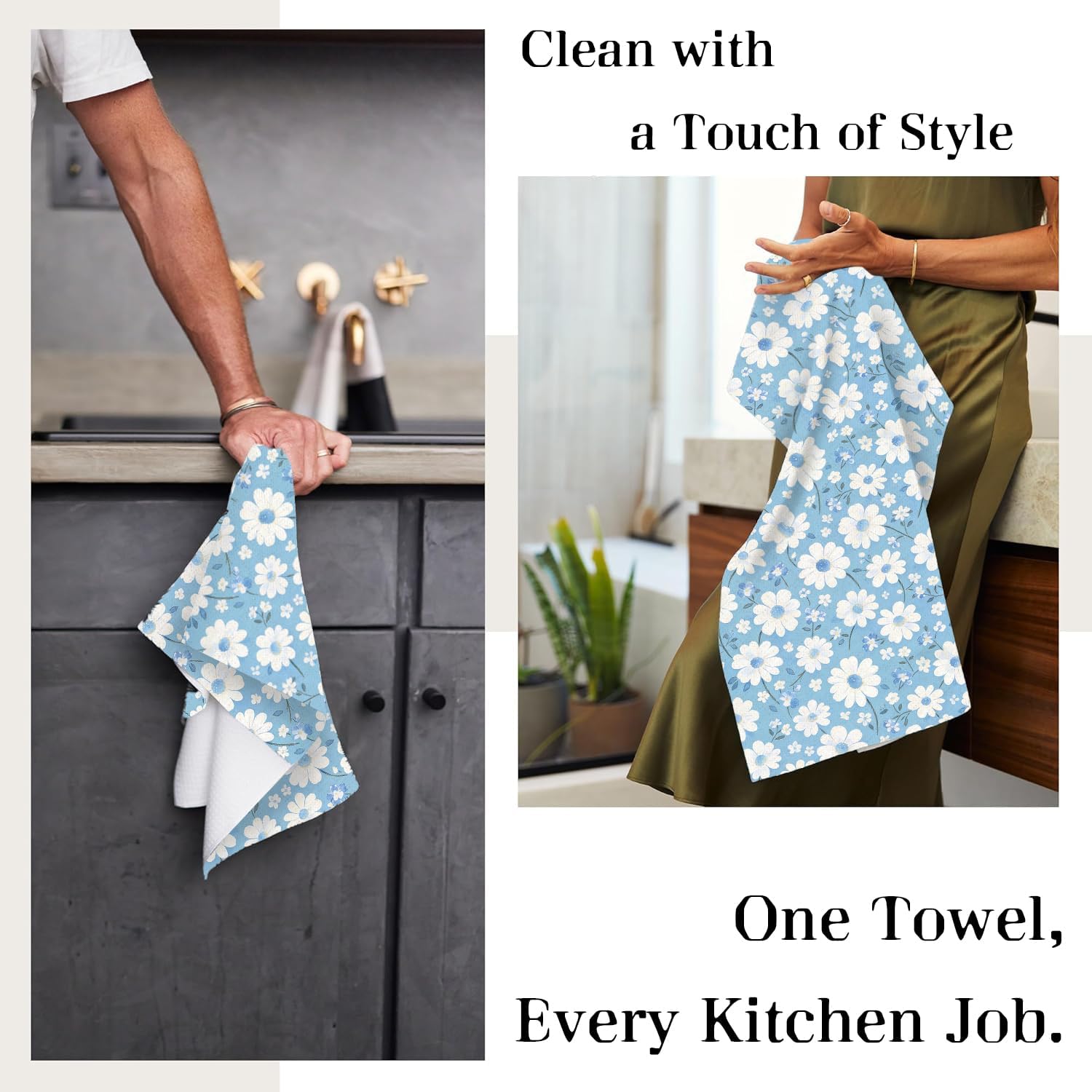 Blue White Daisy Fresh Rustic Floral Kitchen Dish Towels Set of 2, 16"x24" Hand Towel for Drying Absorbent for Cooking Baking Bathroom Farmhouse Decor Spring Summer Tea Towel image 5