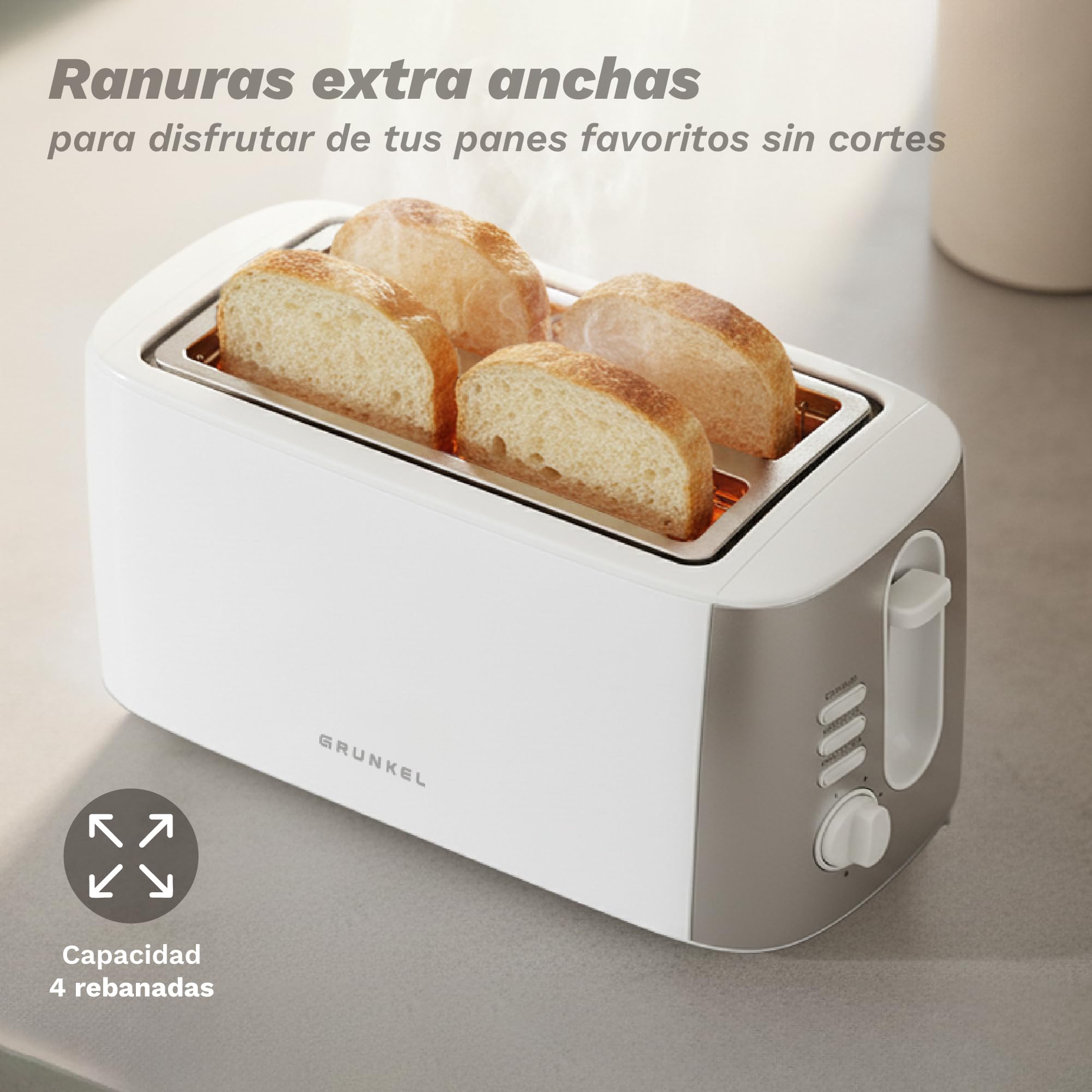 Grunkel - Tostador TS-DOBLEMAXI - Con ranura extra ancha con 7 niveles de tostado, bandeja recogemigas extraíble y recogecable. Función recalentar, descongelar y cancelar - 1400W - (Ranura doble)